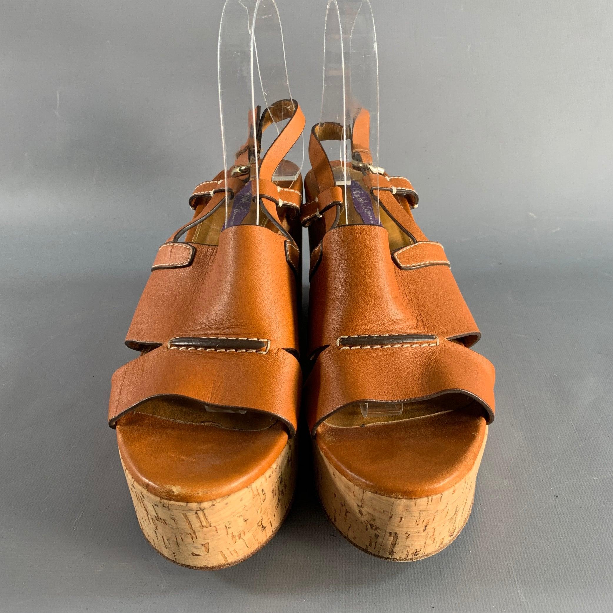 RALPH LAUREN Size 10 Tan Natural Leather Platform Sandals In Excellent Condition For Sale In San Francisco, CA
