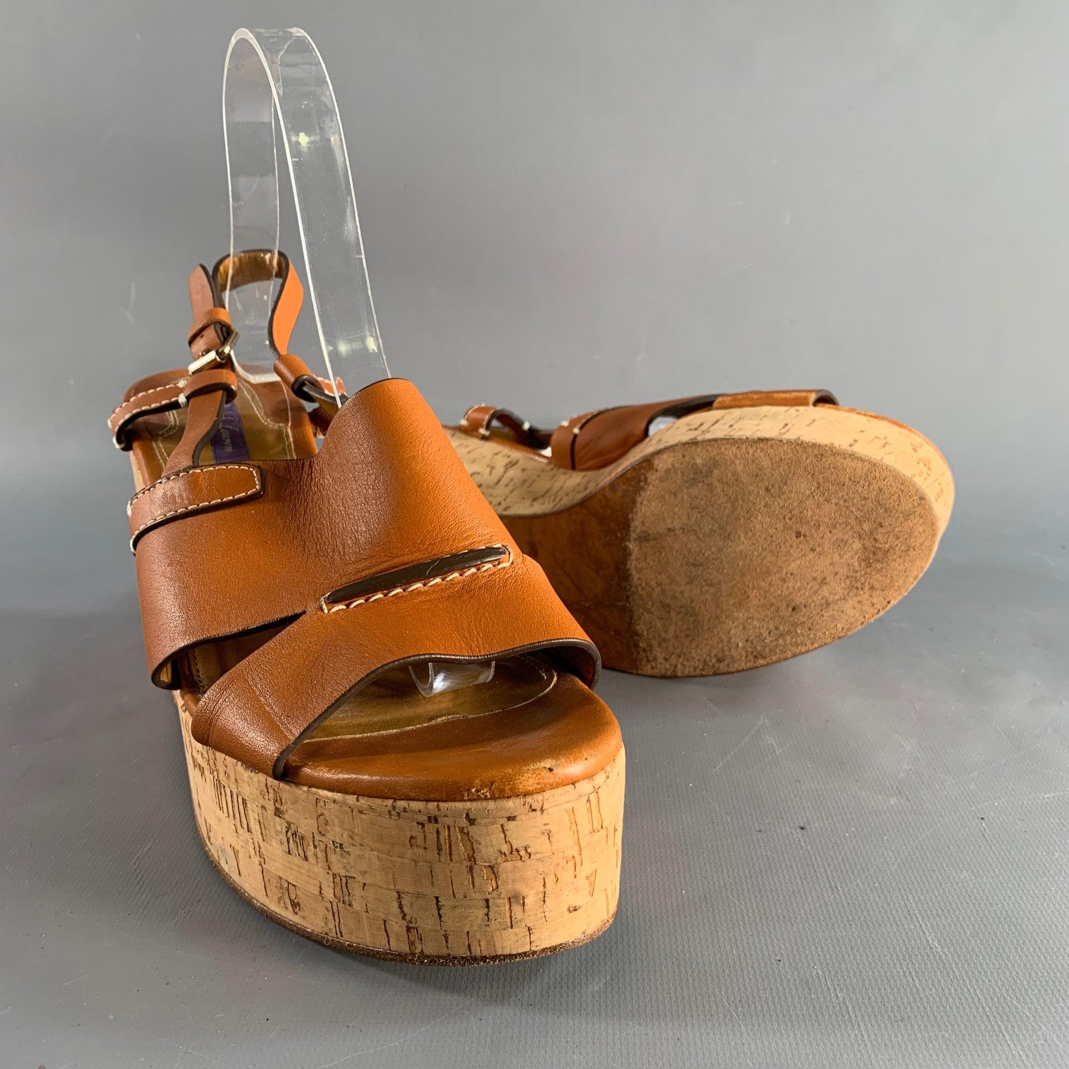 Women's RALPH LAUREN Size 10 Tan Natural Leather Platform Sandals For Sale