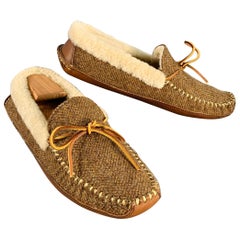 RALPH LAUREN Size 10.5 Yarmond Brown Cream Herringbone Wool Moccasin Loafers