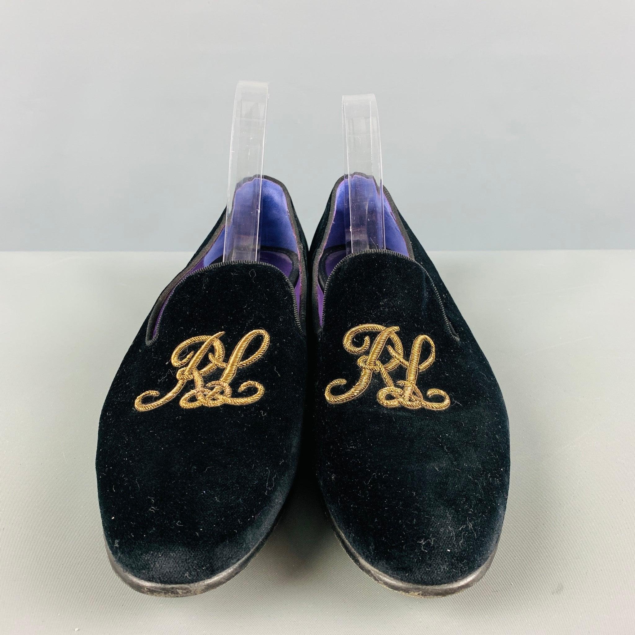 Women's RALPH LAUREN Size 11 Black Gold Velvet Embroidered Loafer Flats For Sale