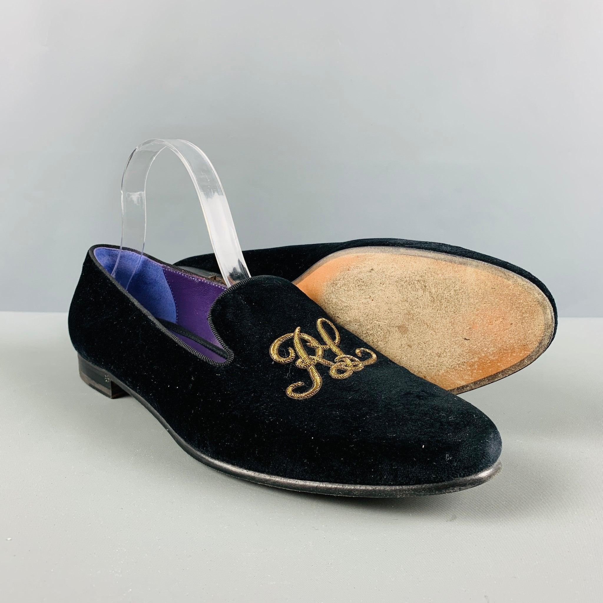 RALPH LAUREN Size 11 Black Gold Velvet Embroidered Loafer Flats For Sale 1