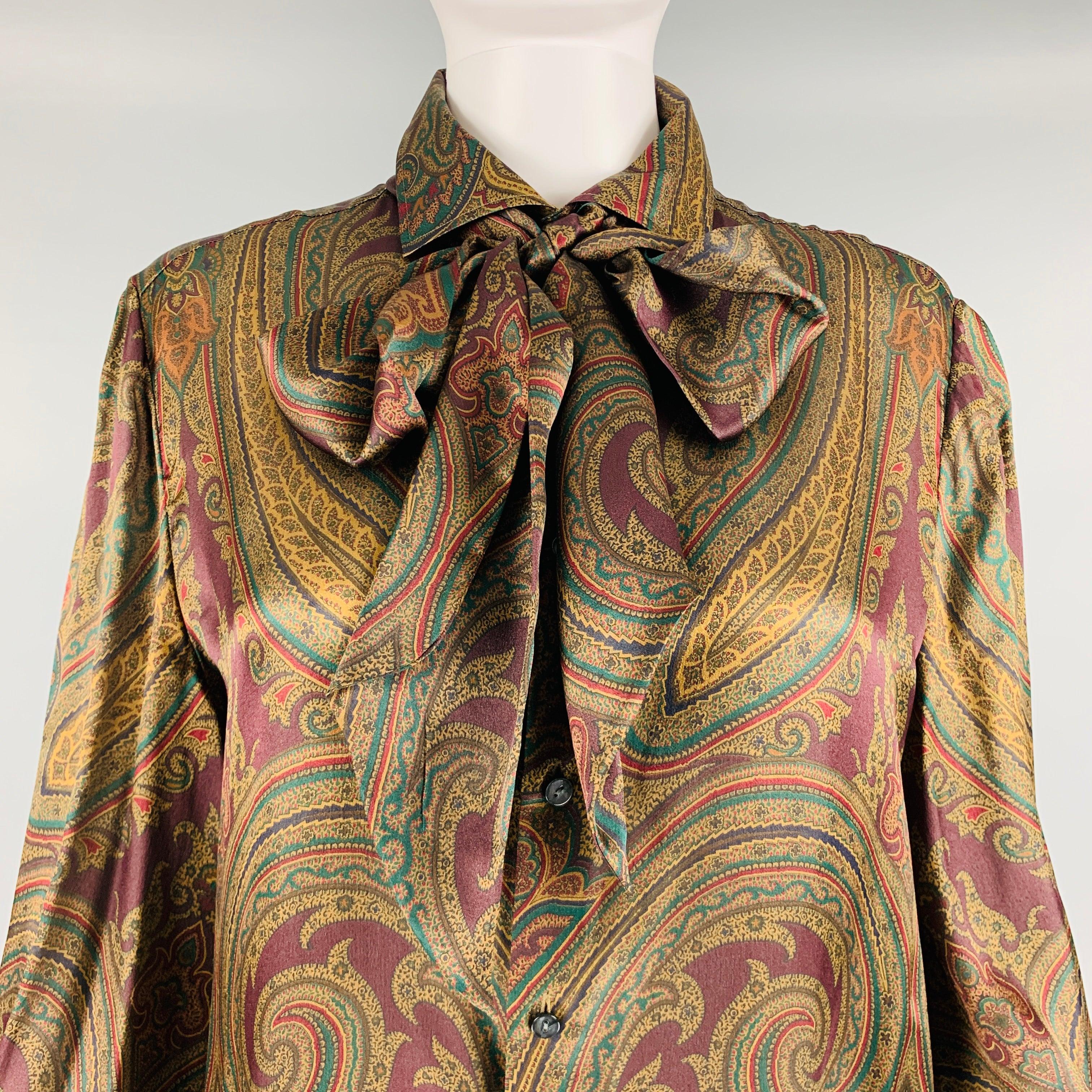 RALPH LAUREN BLACK LABEL long sleeves blouse comes in multi-color silk woven features a paisley print, extra scarf, straight collar, and button down closure. New with Tags. 

Marked:   12 

Measurements: 
 
Shoulder: 15.25 inches Bust: 43 inches