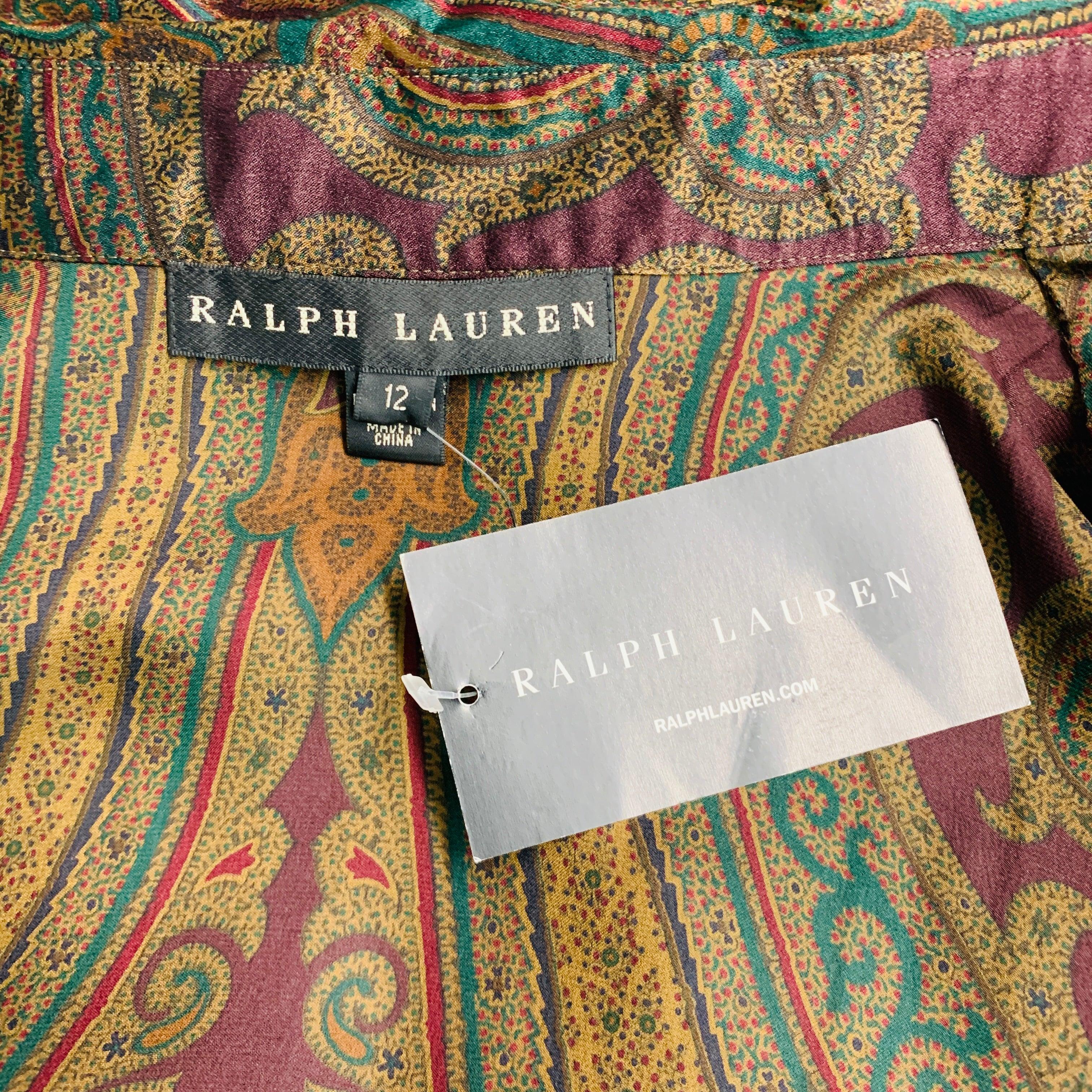 RALPH LAUREN Size 12 Multi-Color Silk Paisley Bow Blouse For Sale 1
