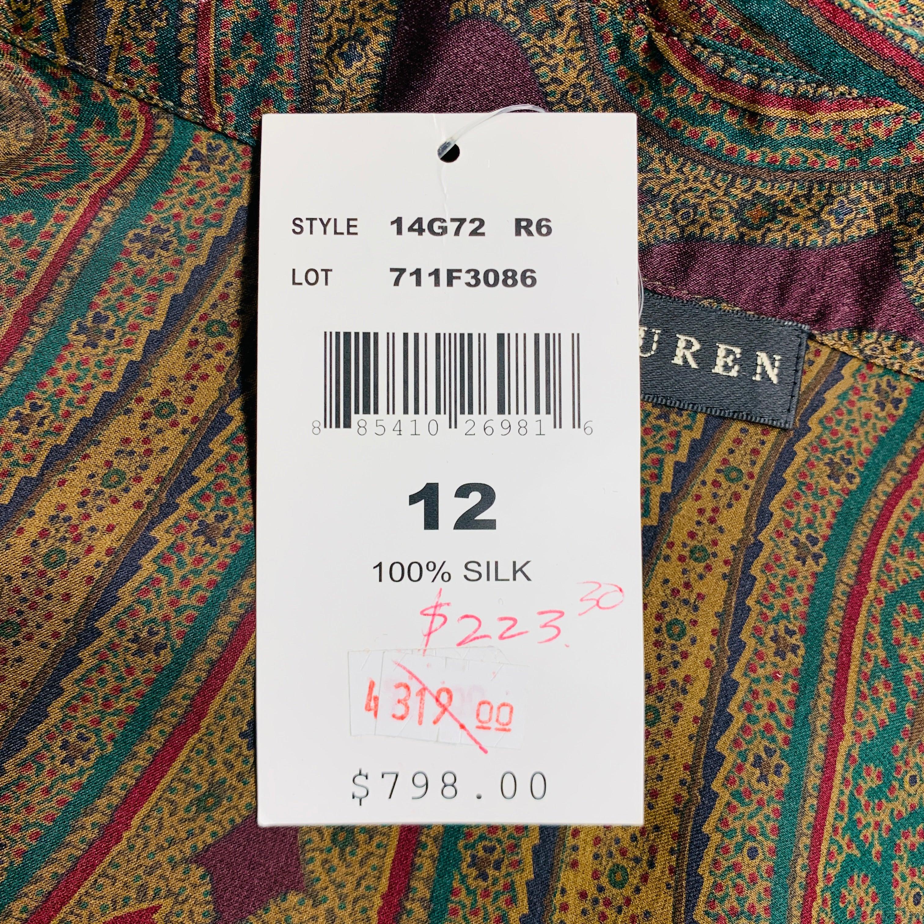 RALPH LAUREN Size 12 Multi-Color Silk Paisley Bow Blouse For Sale 2