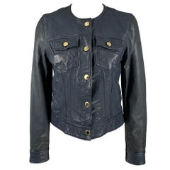 RALPH LAUREN Size 2 Navy Leather Trucker Jacket