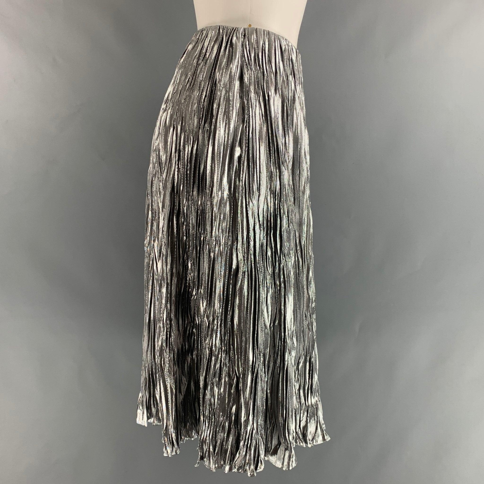 RALPH LAUREN Size 2 Silver Silk Metallic Wrinkled A-Line Skirt In Excellent Condition In San Francisco, CA