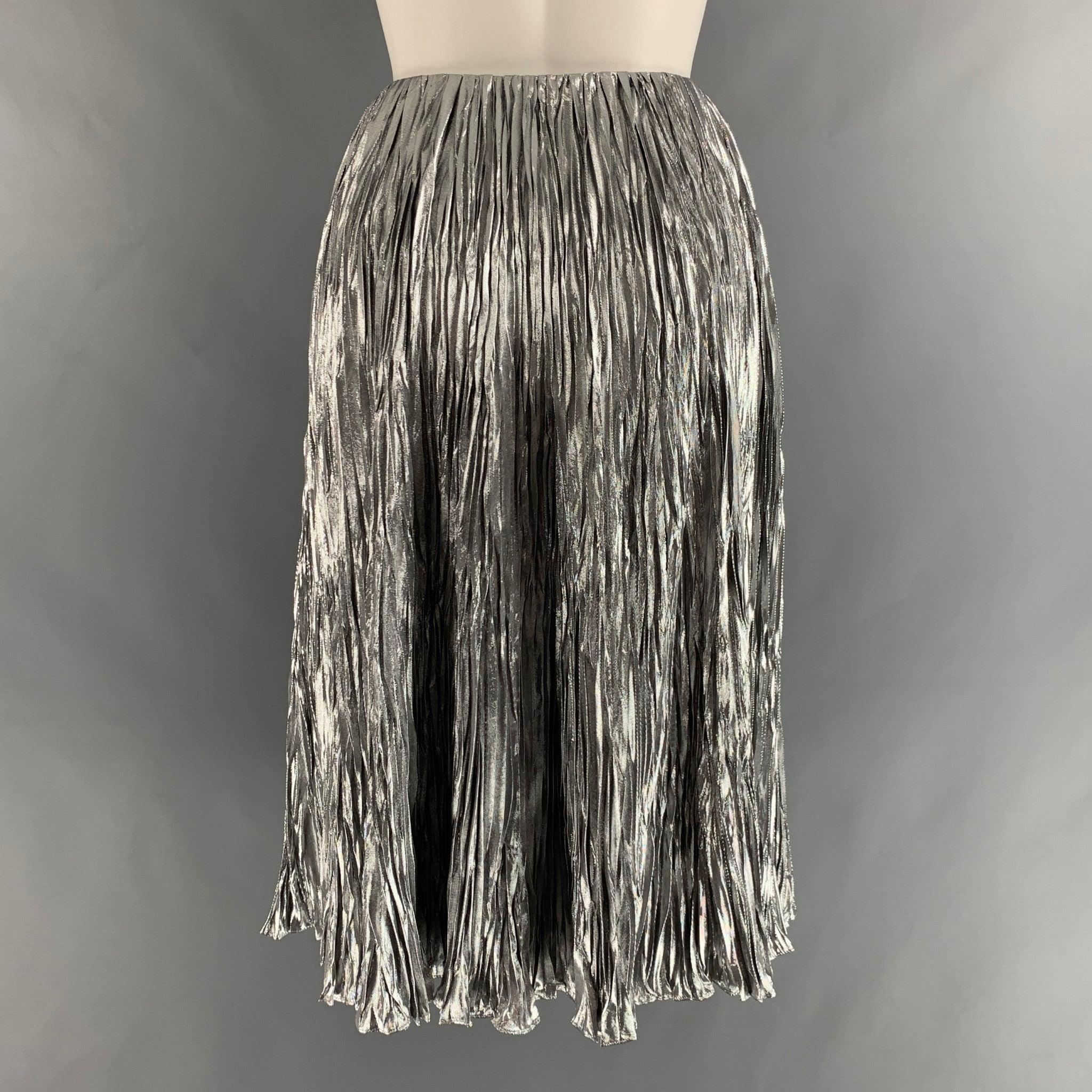 Women's RALPH LAUREN Size 2 Silver Silk Metallic Wrinkled A-Line Skirt