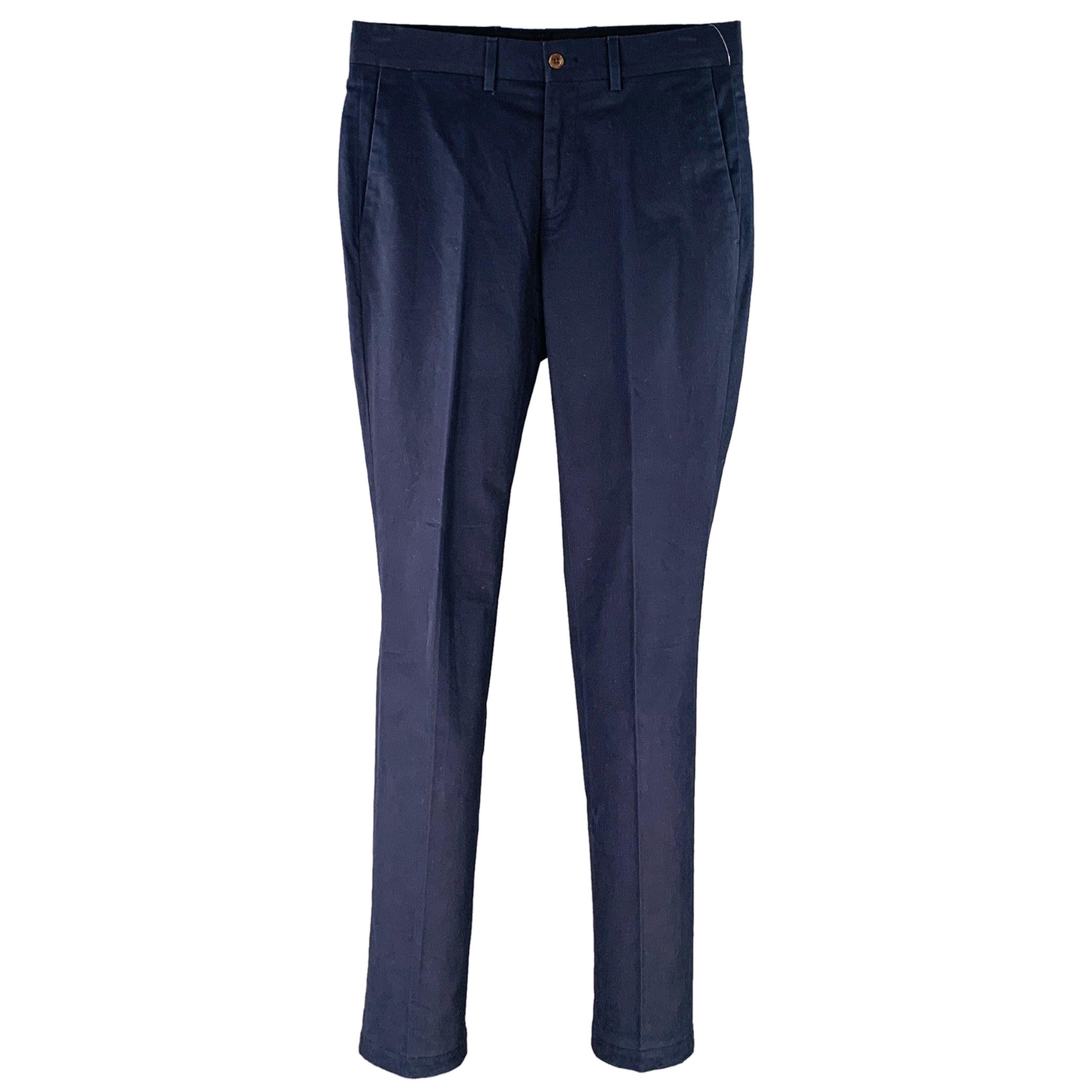 RALPH LAUREN Pantalones de vestir rectos con cremallera en mezcla de algodón azul marino talla 28