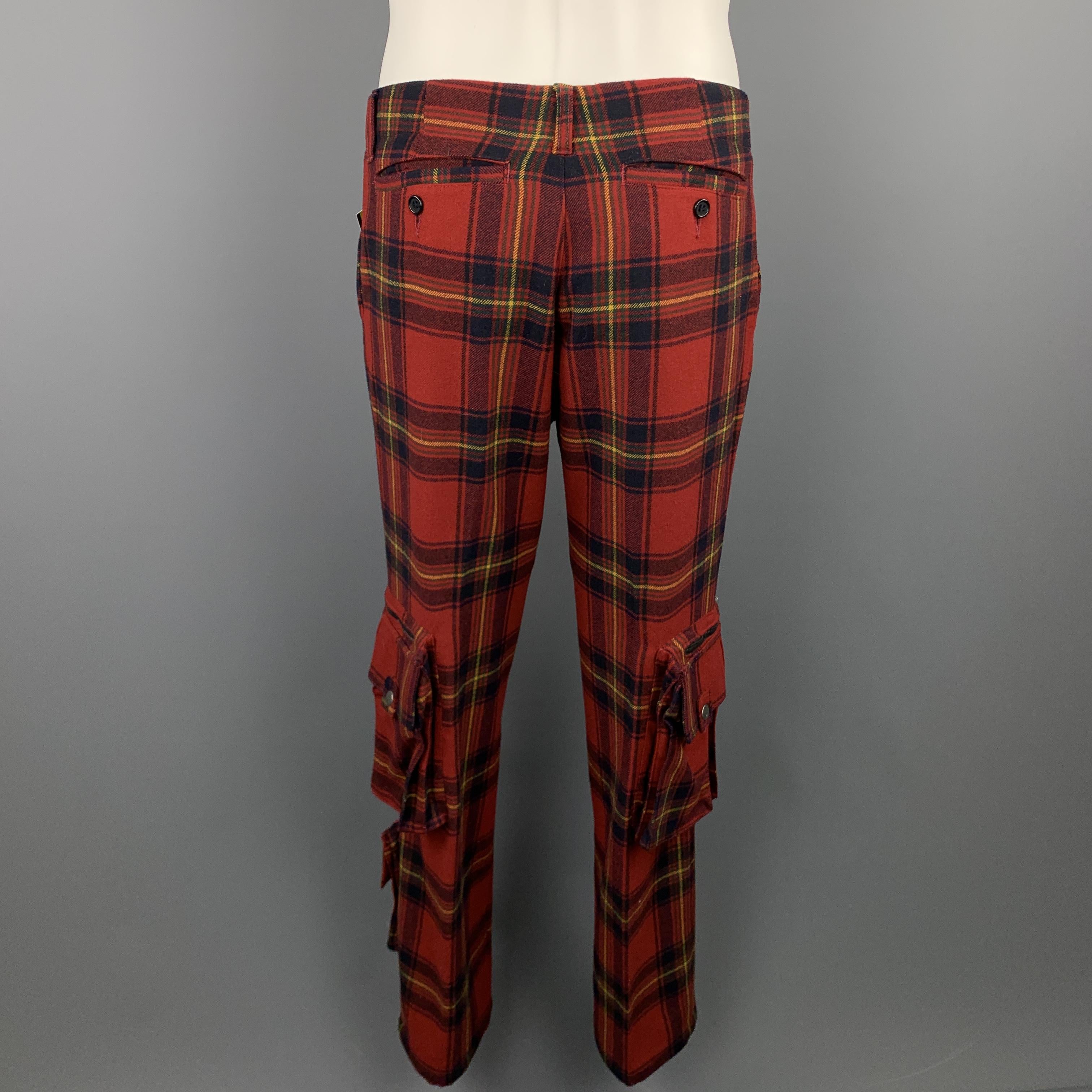 Black RALPH LAUREN Size 30 Red Plaid Wool Patch Cargo Pocket Pants