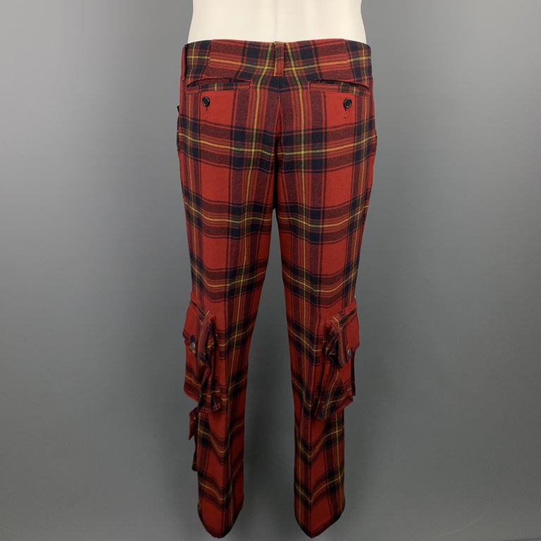 RALPH LAUREN Size 30 Red Plaid Wool Patch Cargo Pocket Pants at 1stDibs