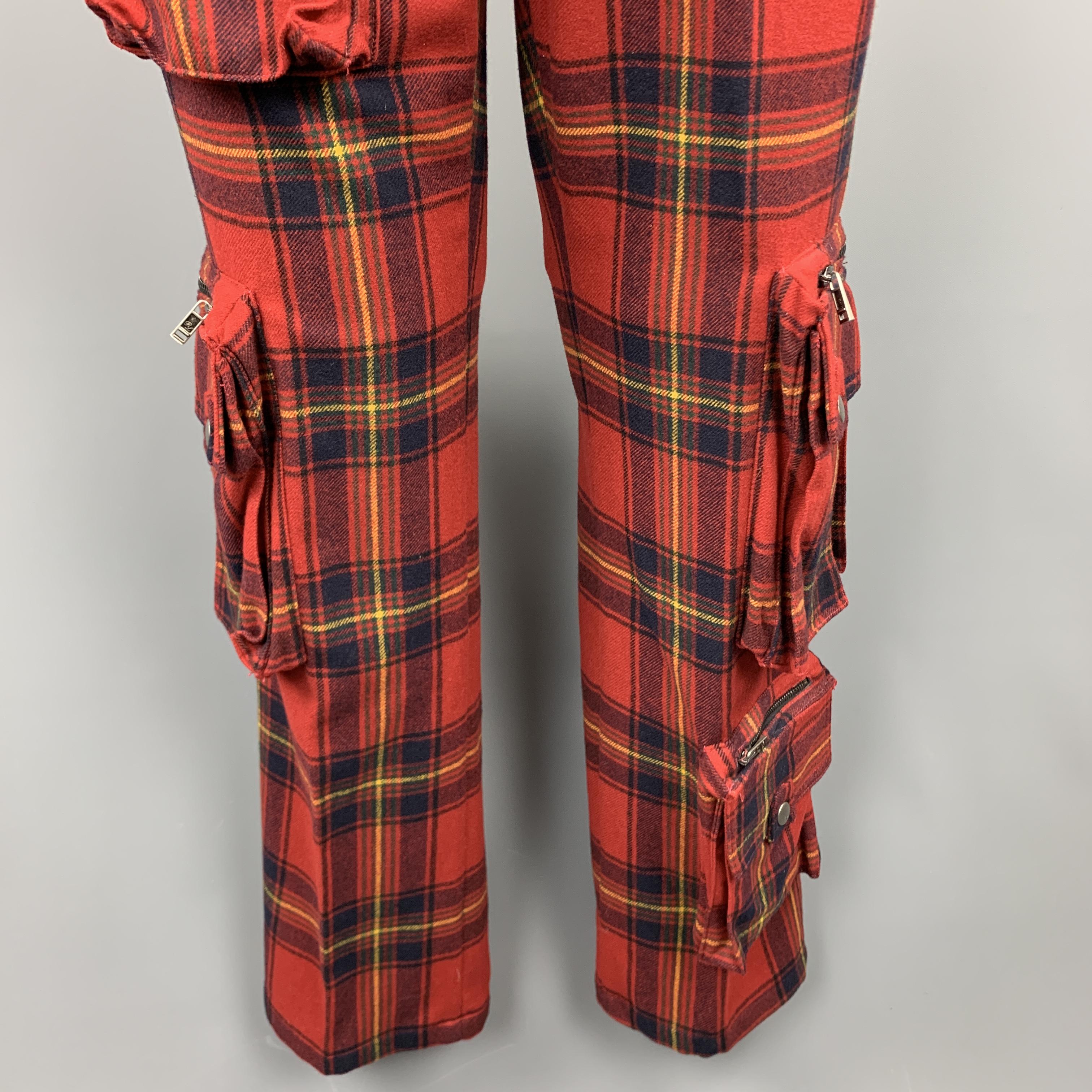 RALPH LAUREN Size 30 Red Plaid Wool Patch Cargo Pocket Pants In Excellent Condition In San Francisco, CA