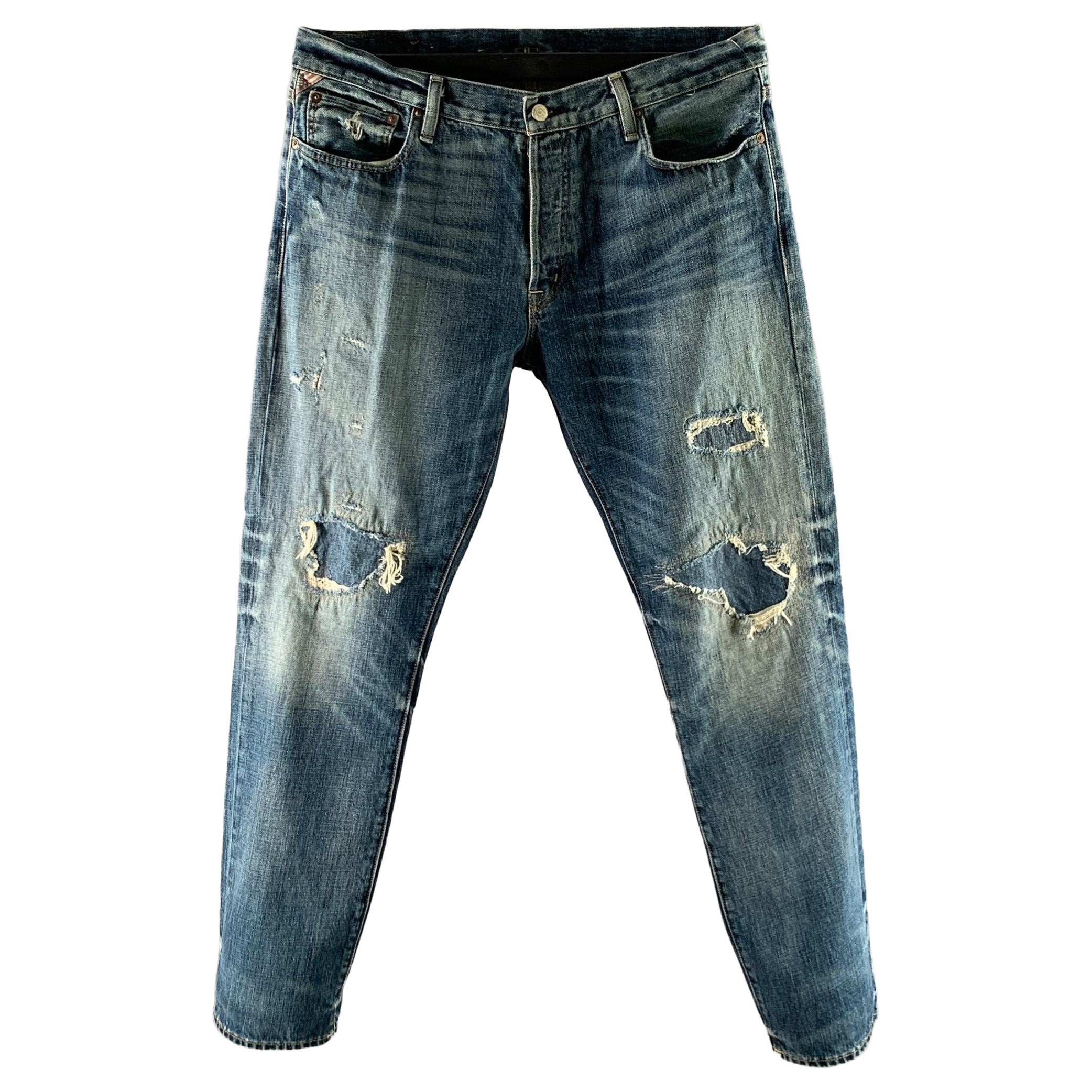 RALPH LAUREN Size 36 Blue Distressed Cotton Straight Jeans