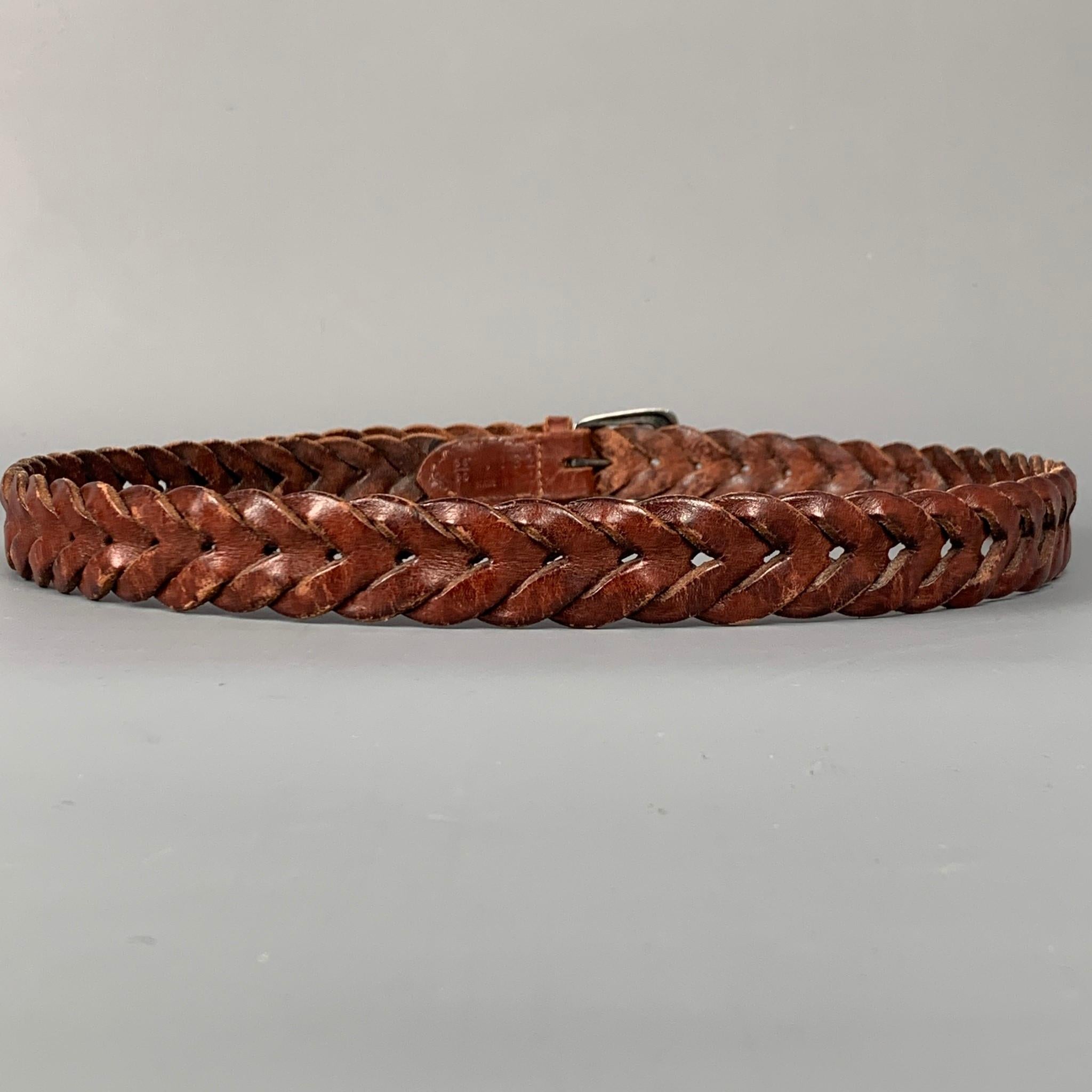 RALPH LAUREN Size 36 Brown Woven Leather Sterling Silver Belt In Good Condition In San Francisco, CA