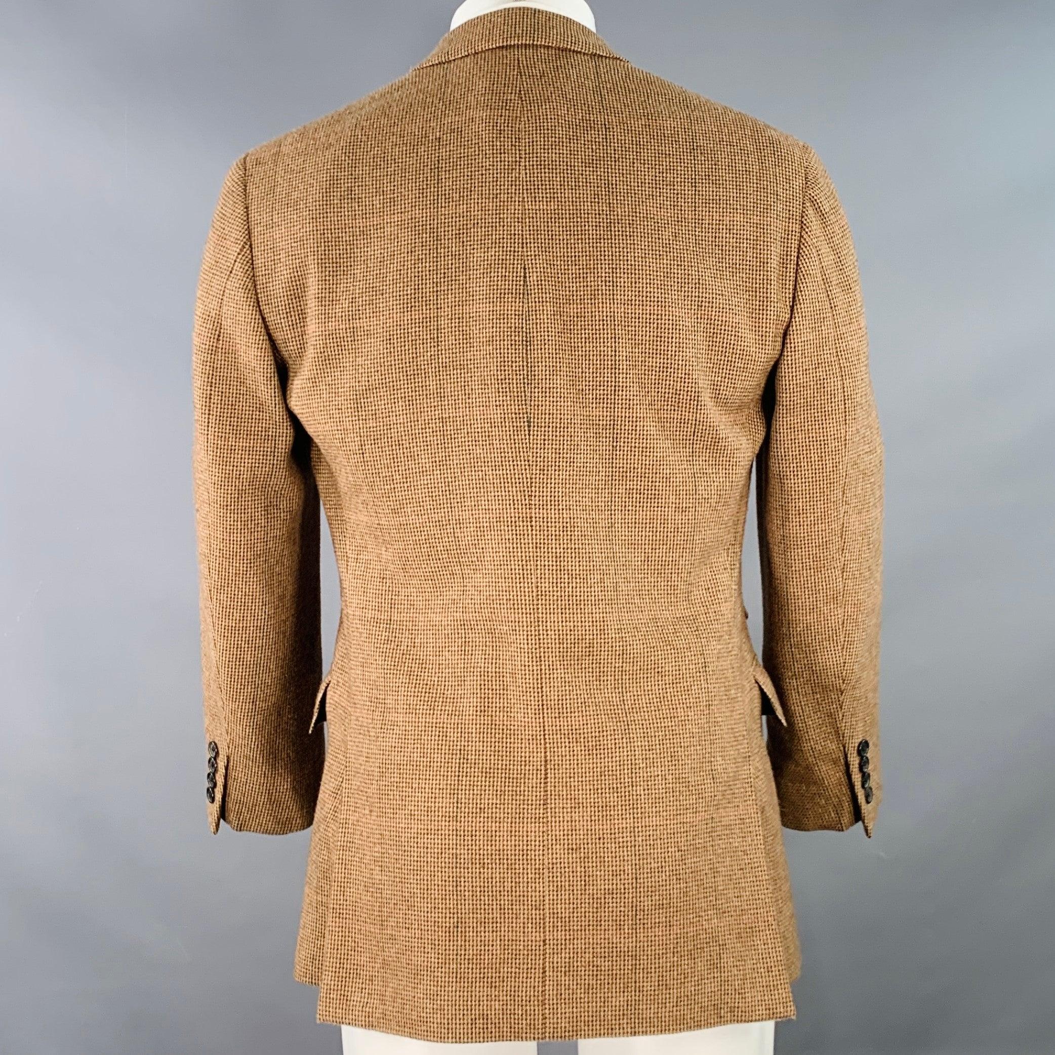 Men's RALPH LAUREN Size 38 Regular Tan Brown Houndstooth Cashmere Peak Lapel Double Breasted Sport Coat For Sale