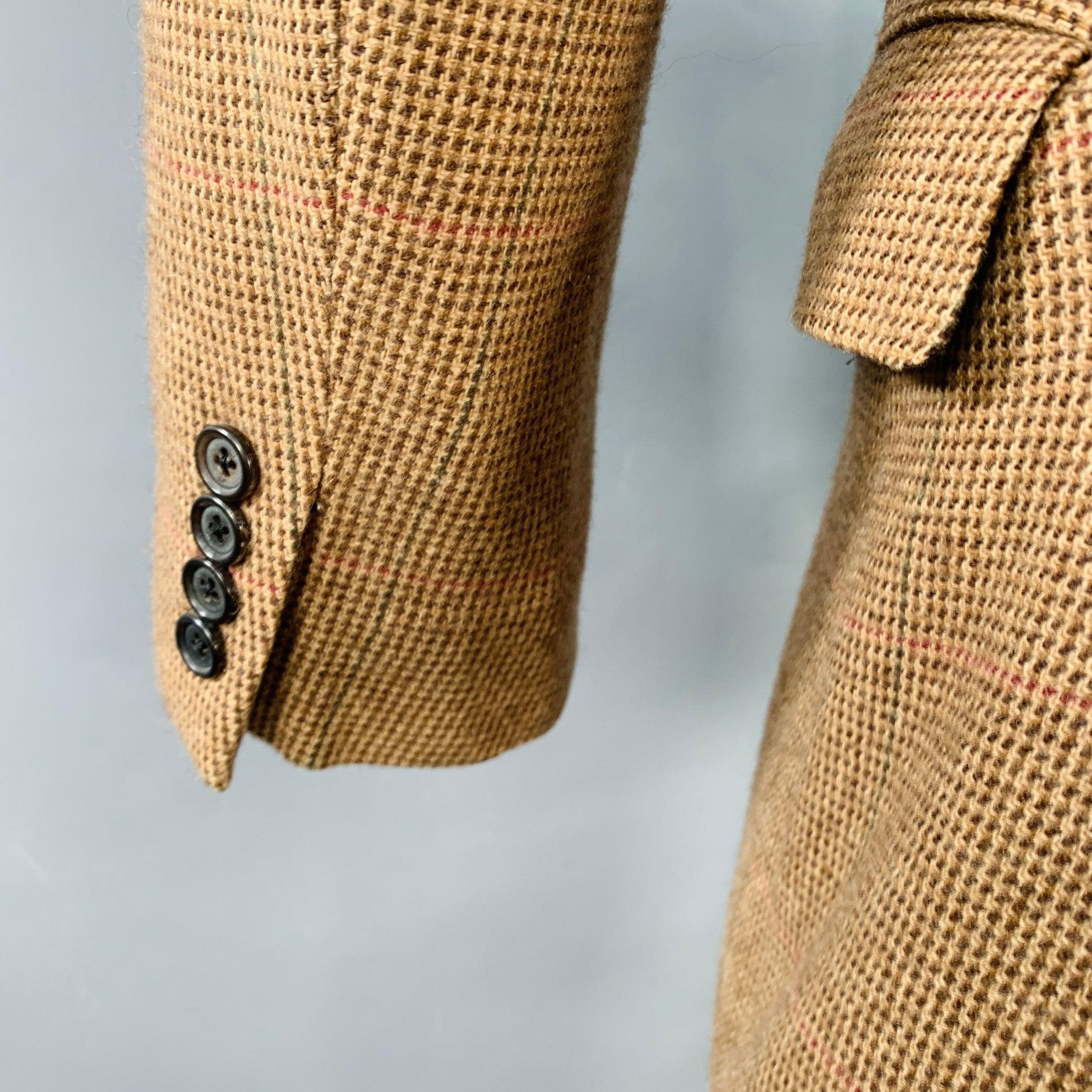 RALPH LAUREN Size 38 Regular Tan Brown Houndstooth Cashmere Peak Lapel Double Breasted Sport Coat For Sale 1