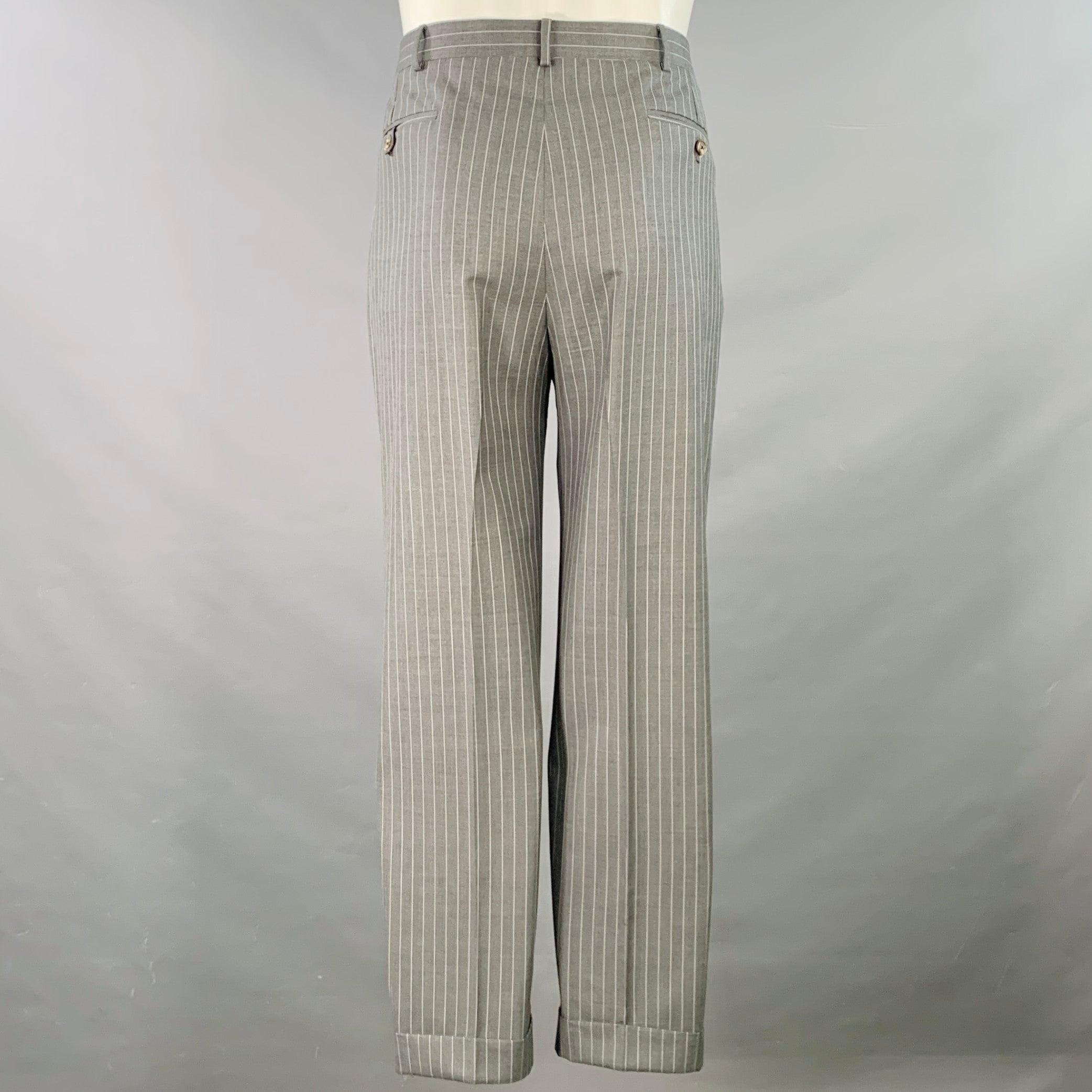 RALPH LAUREN Taille 39 Regular Costume à revers échancré en laine grise à rayures Pour hommes en vente