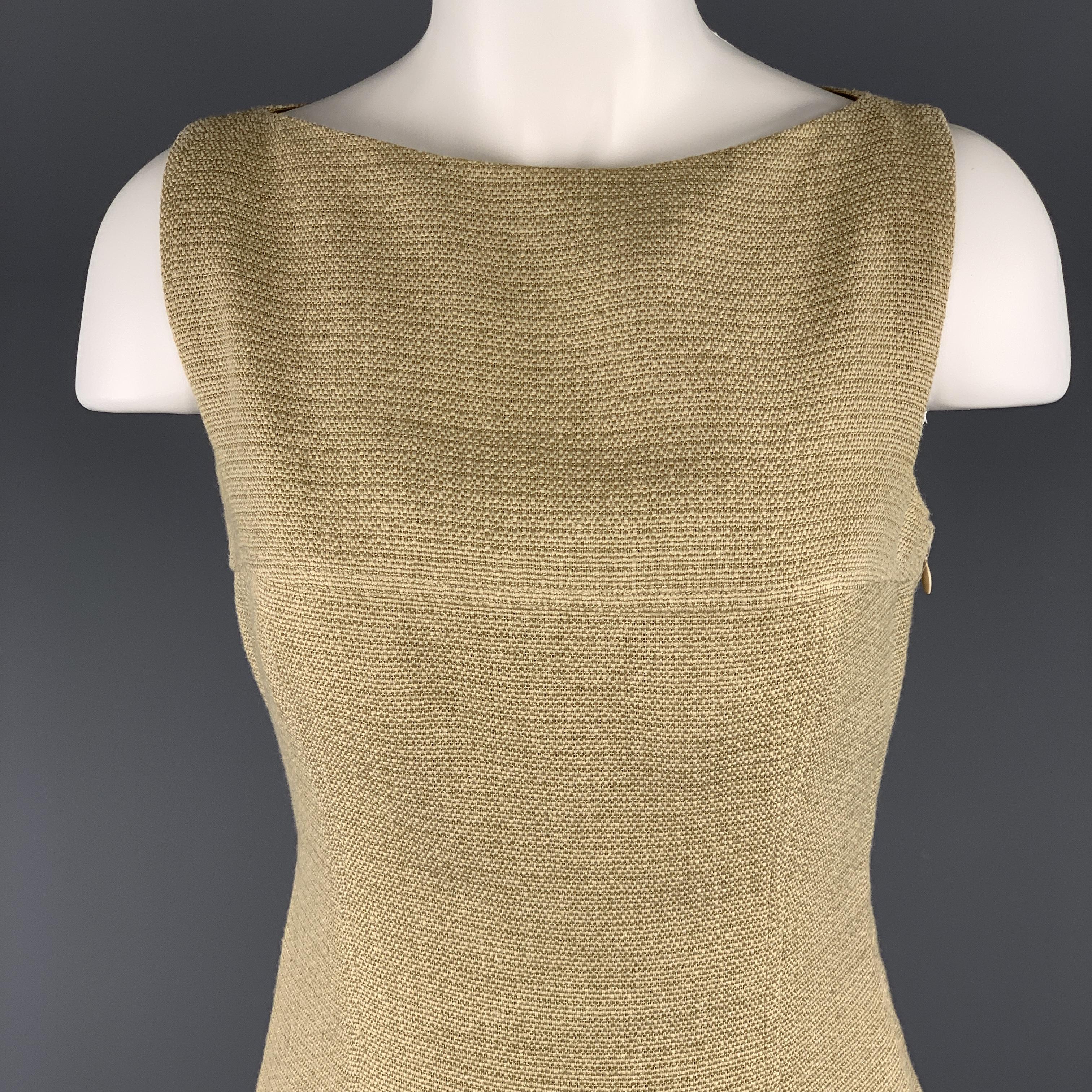 Sleeveless RALPH LAUREN BLACK LABEL shift dress comes in beige linen blend woven micro tweed with metallic gold foil stripe throughout, boat neckline, and silk liner. 

Excellent Pre-Owned Condition.
Marked: 4 

Measurements:

Shoulder: 13 in.
Bust: