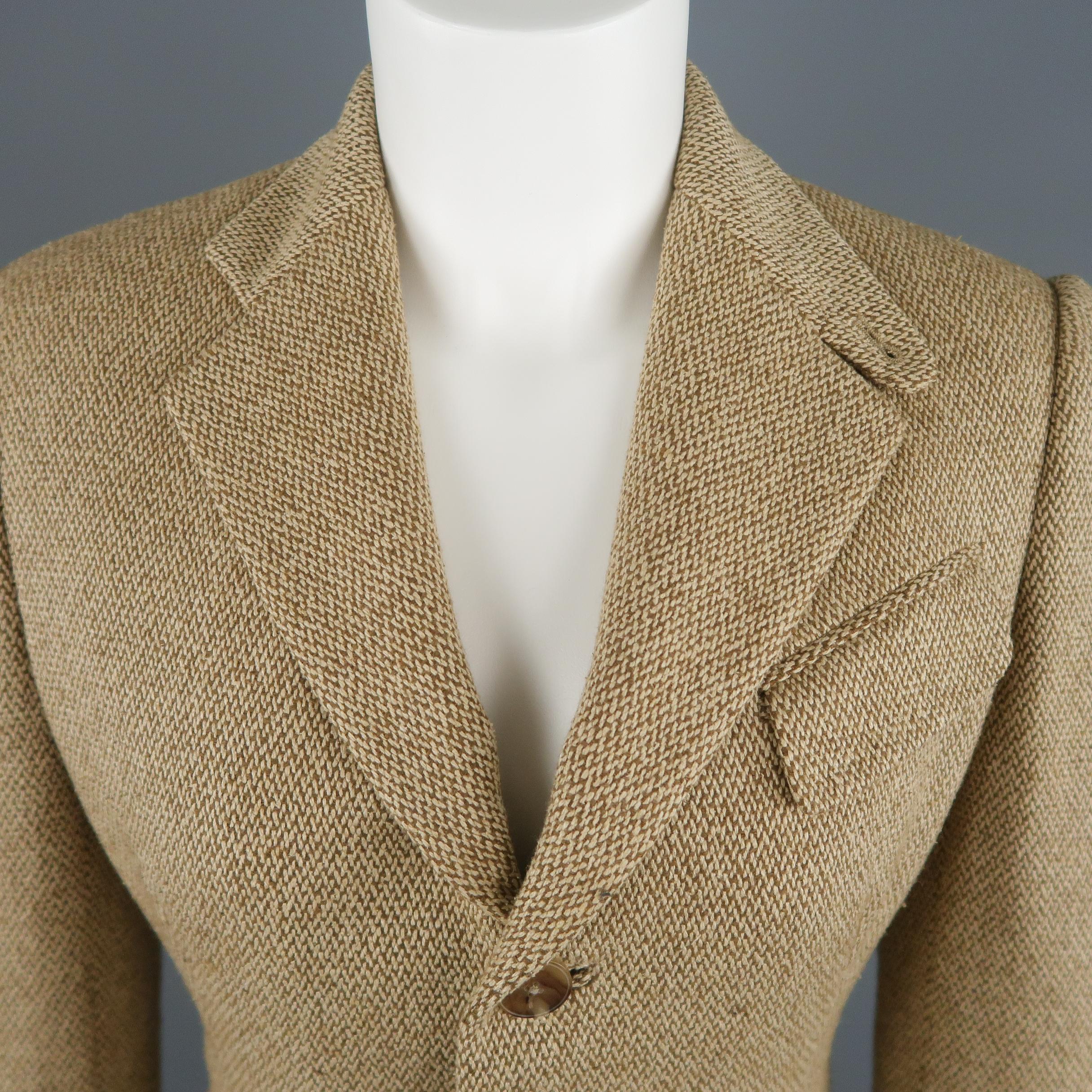 Black Label by RALPH LAUREN equestrian style jacket comes in brown and beige silk wool blend textured tweed with a single breasted three button front, notch lapel with tab collar, slanted pockets, and silk liner. Made in USA.
 
Very Good Pre-Owned