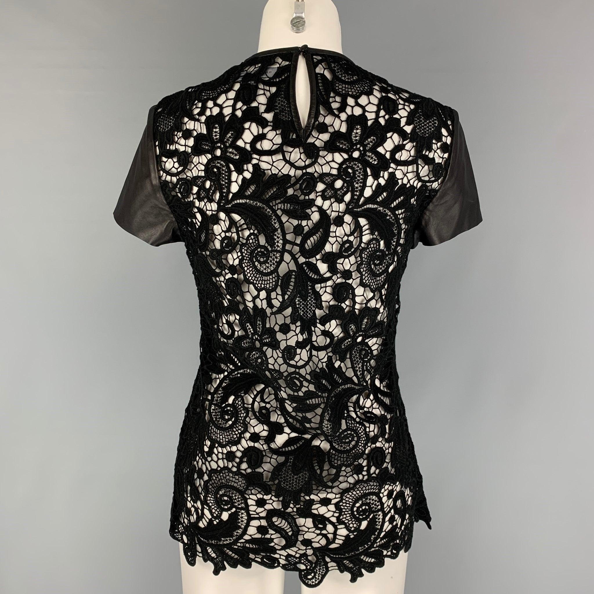 RALPH LAUREN Size 4 Black Cotton Lace Contrast Leather Trim Blouse In Excellent Condition For Sale In San Francisco, CA
