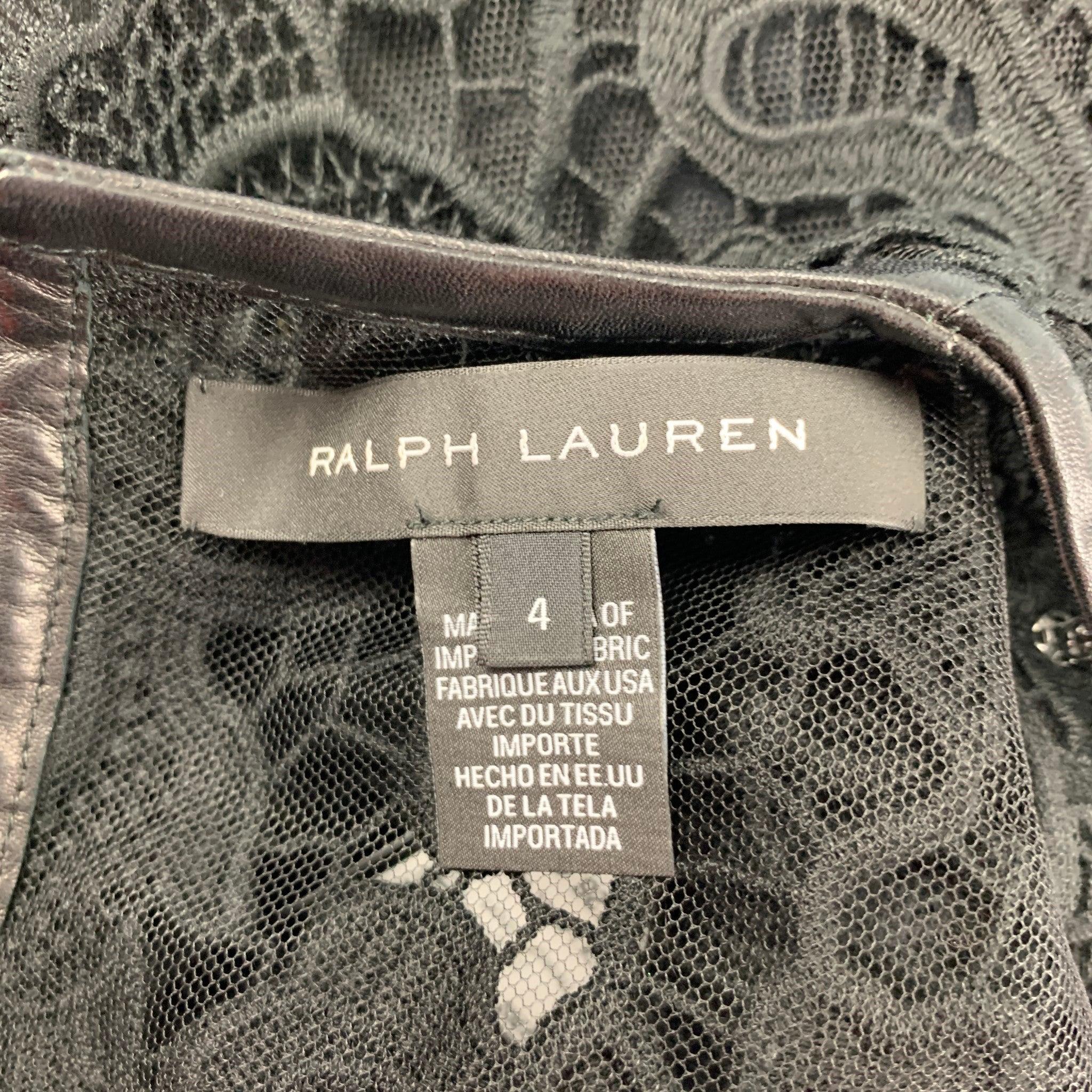 Women's RALPH LAUREN Size 4 Black Cotton Lace Contrast Leather Trim Blouse For Sale
