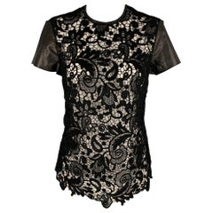RALPH LAUREN Blouse en coton, dentelle et cuir contrastés, taille 4