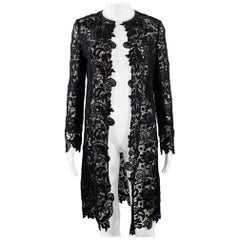 RALPH LAUREN Size 4 Black Cotton Lace Leather Trim Open Front Coat