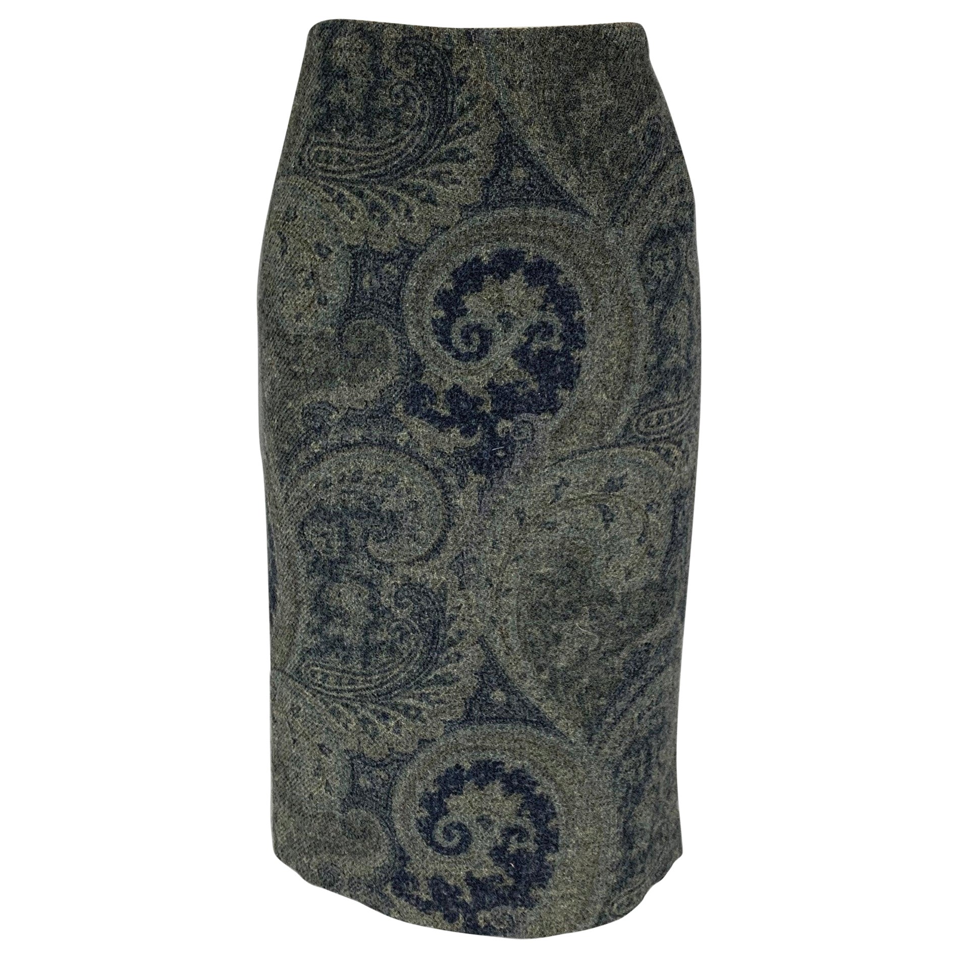 RALPH LAUREN Taille 4 - Jupe fourreau en laine bleue et grise à motif cachemire en vente