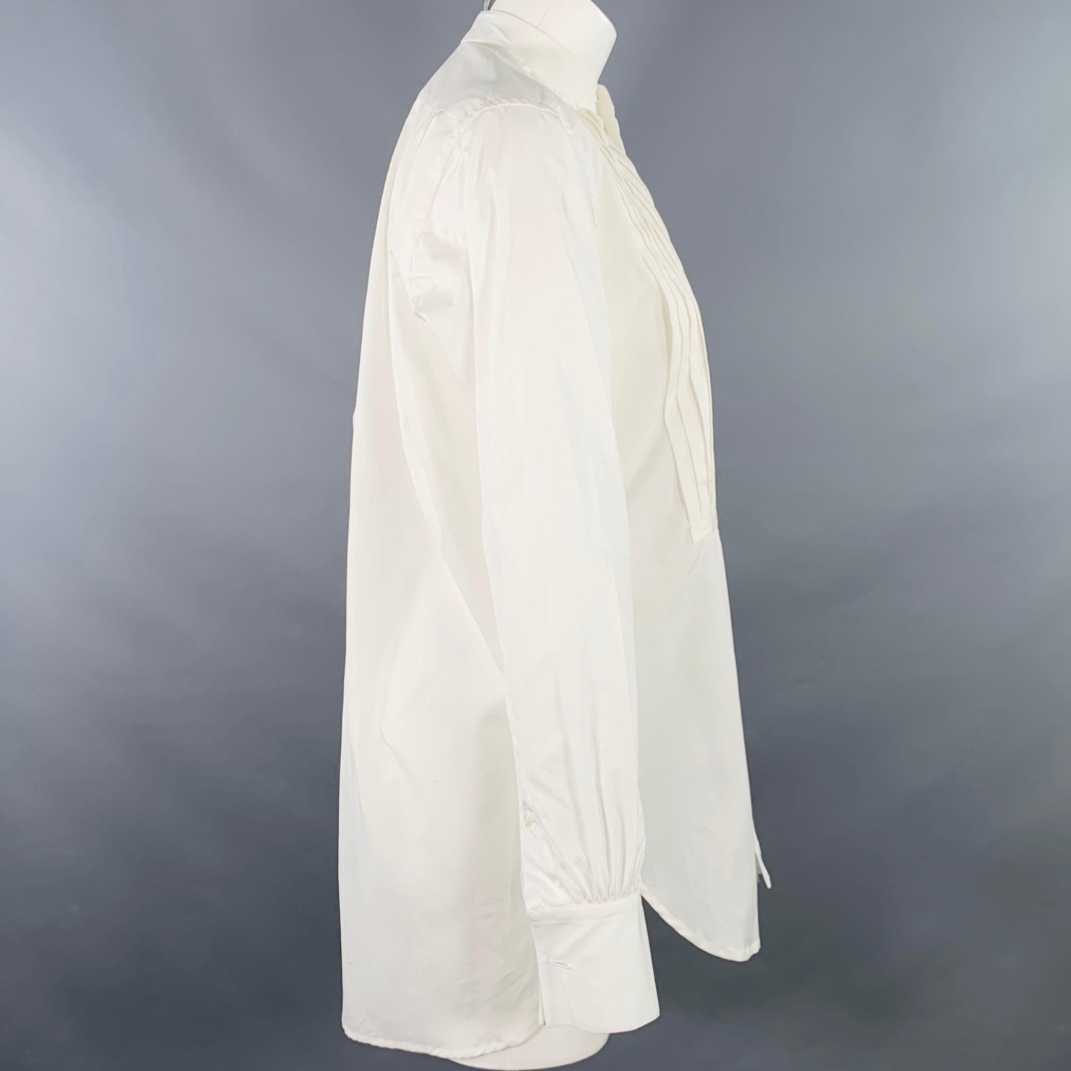 Gray RALPH LAUREN Size 4 White Cotton Pleated Collarless Dress Top For Sale