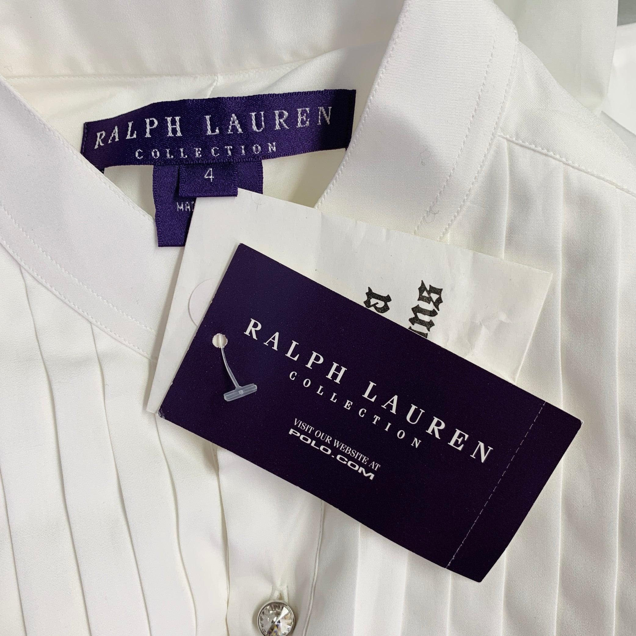 RALPH LAUREN Size 4 White Cotton Pleated Collarless Dress Top For Sale 3