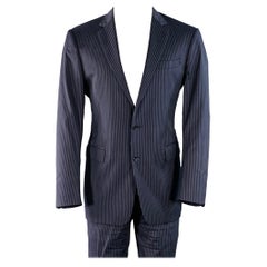 Ralph Lauren taglia 40 Abito in lana vergine a righe grigio-marino con risvolto a tacca