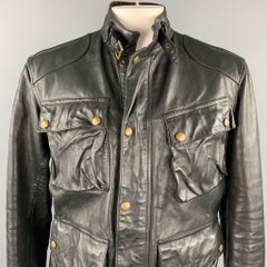 RALPH LAUREN Size 42 Black Leather Zip & Snaps Corduroy Collar Jacket