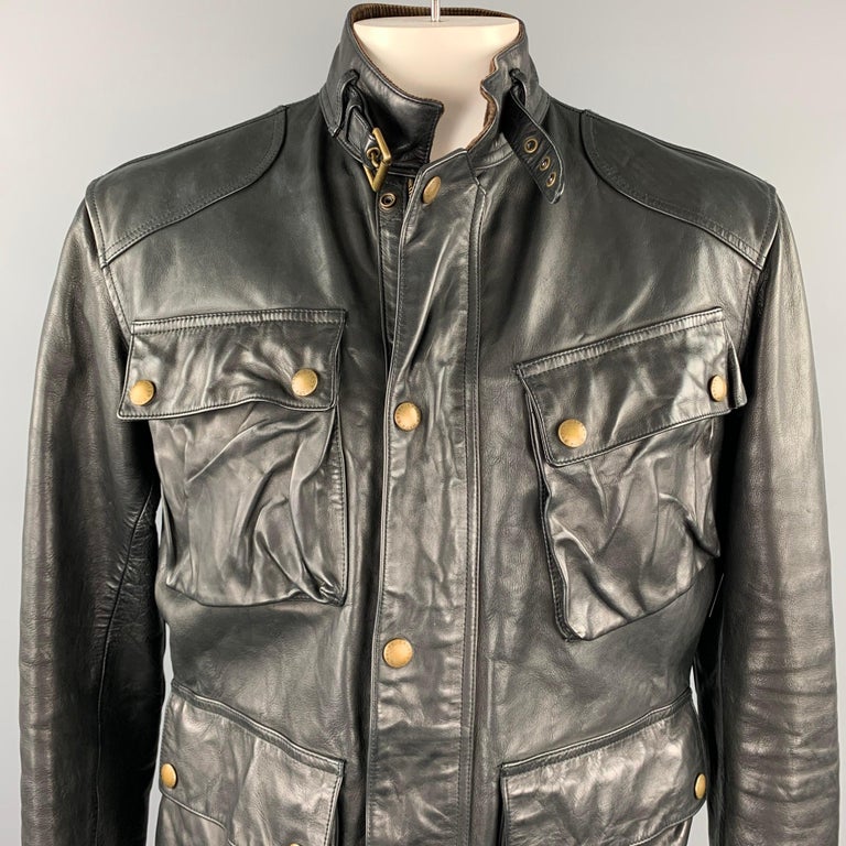 RALPH LAUREN Size 42 Black Leather Zip and Snaps Corduroy Collar Jacket ...