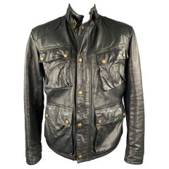RALPH LAUREN Size 42 Black Leather Zip & Snaps Corduroy Collar Jacket