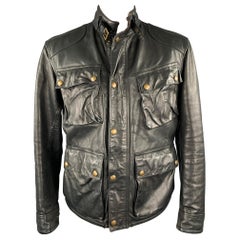 RALPH LAUREN Größe 42 Schwarz Leder Reißverschluss & Druckknöpfe Kordkragen Jacke