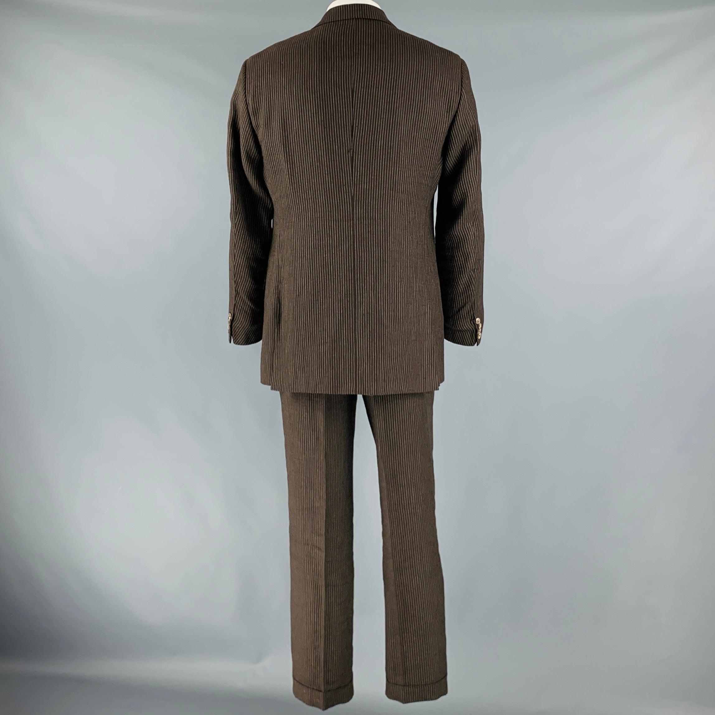 RALPH LAUREN Taille 42 Costume long en laine à rayures Brown à revers échancré Bon état - En vente à San Francisco, CA