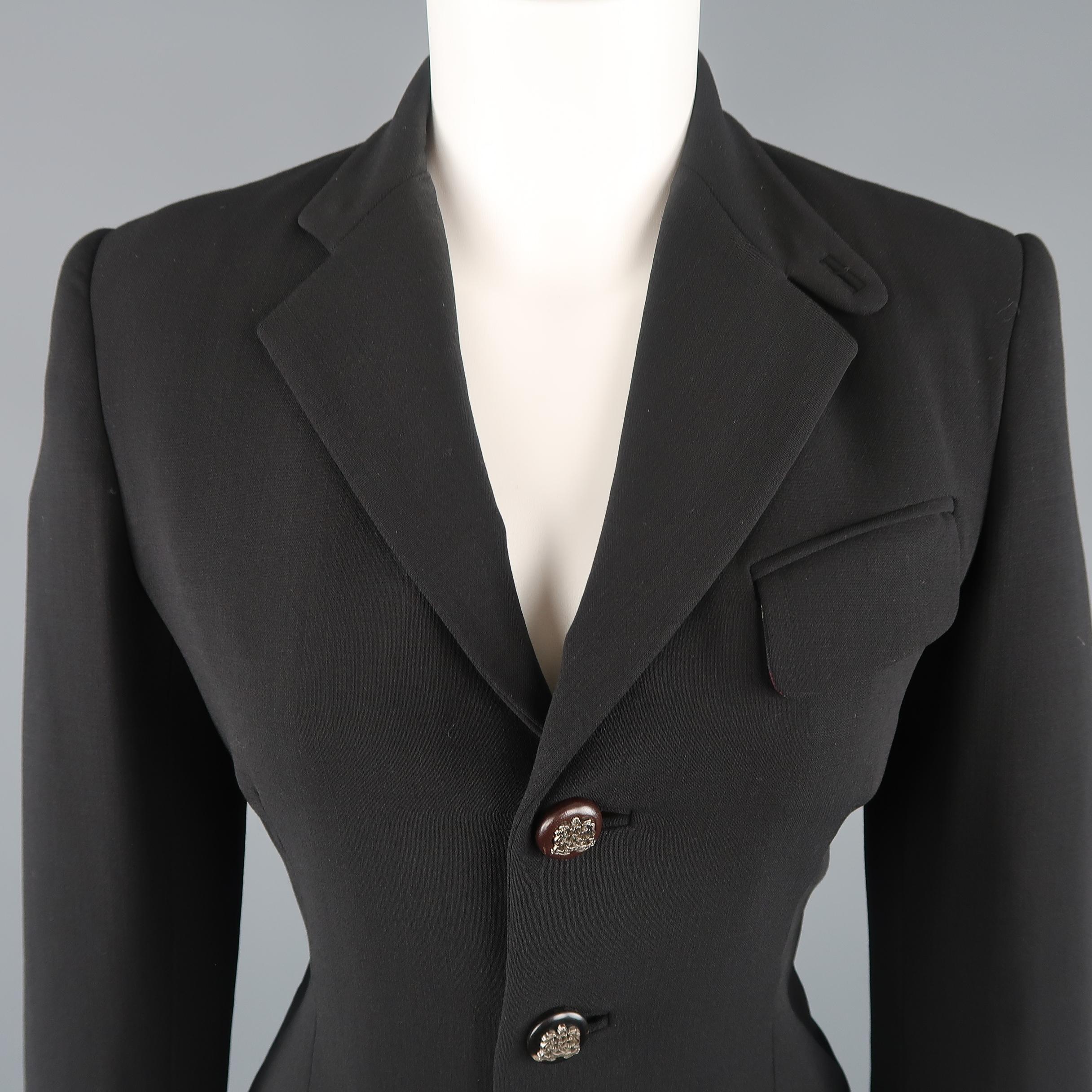 RALPH LAUREN BLACK LABEL equestrian style jacket comes in black stretch wool with a notch tab lapel, three button front with black and brown detailed buttons, slanted tab pockets, and plaid horse printed twill liner.
 
Excellent Pre-Owned