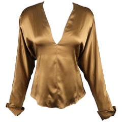 RALPH LAUREN Taille 6 Chemisier en satin de soie marron cuivré à col V et manches Dolman