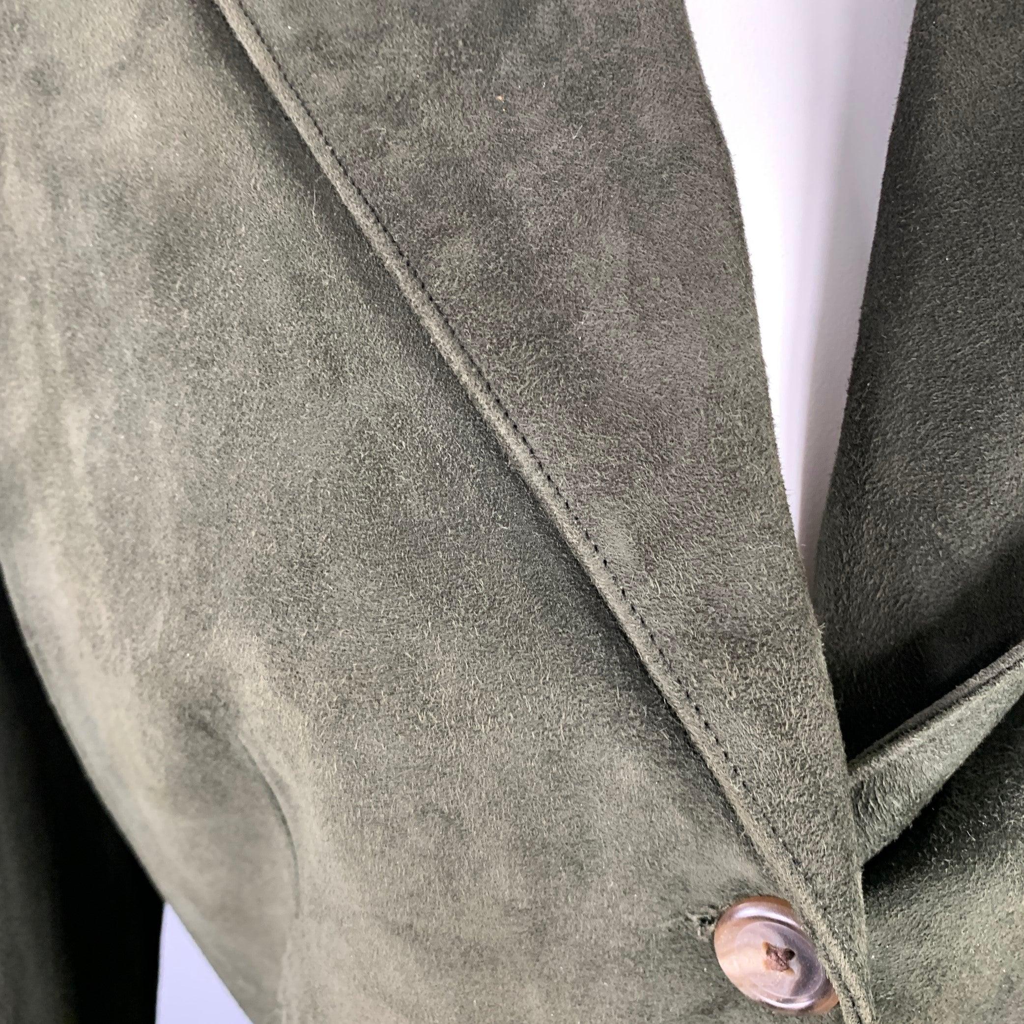 RALPH LAUREN Größe 6 Grüne plissierte einreihige Wildlederjacke aus Wildleder im Zustand „Gut“ im Angebot in San Francisco, CA