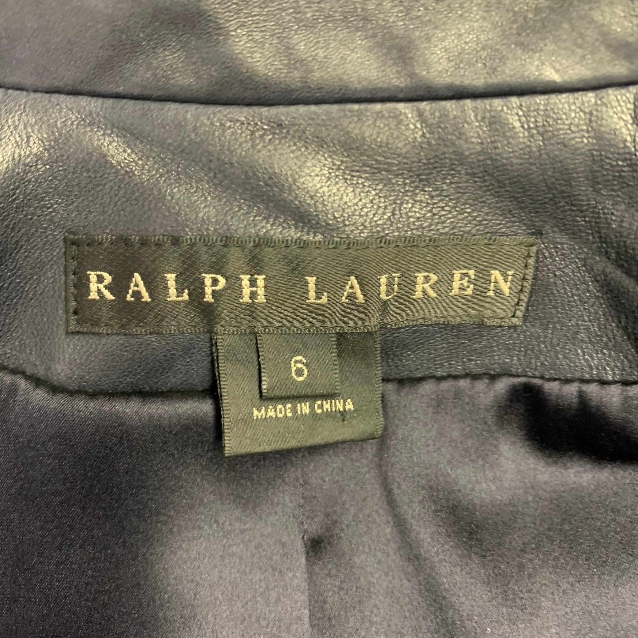 RALPH LAUREN Size 6 Navy Lambskin Leather Peplum Jacket 1
