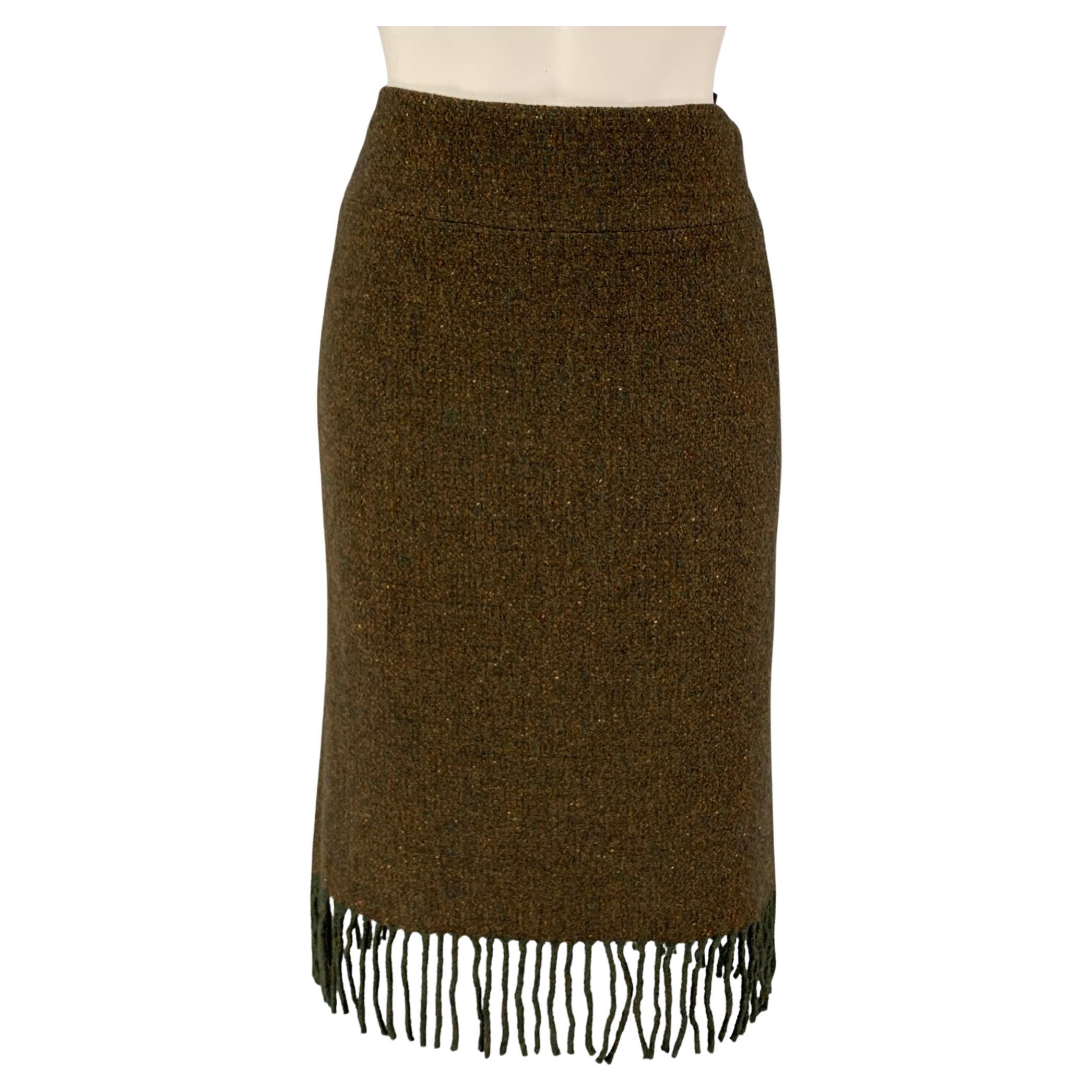 RALPH LAUREN Size 6 Olive Merino Wool Cashmere Heather Fringed Skirt