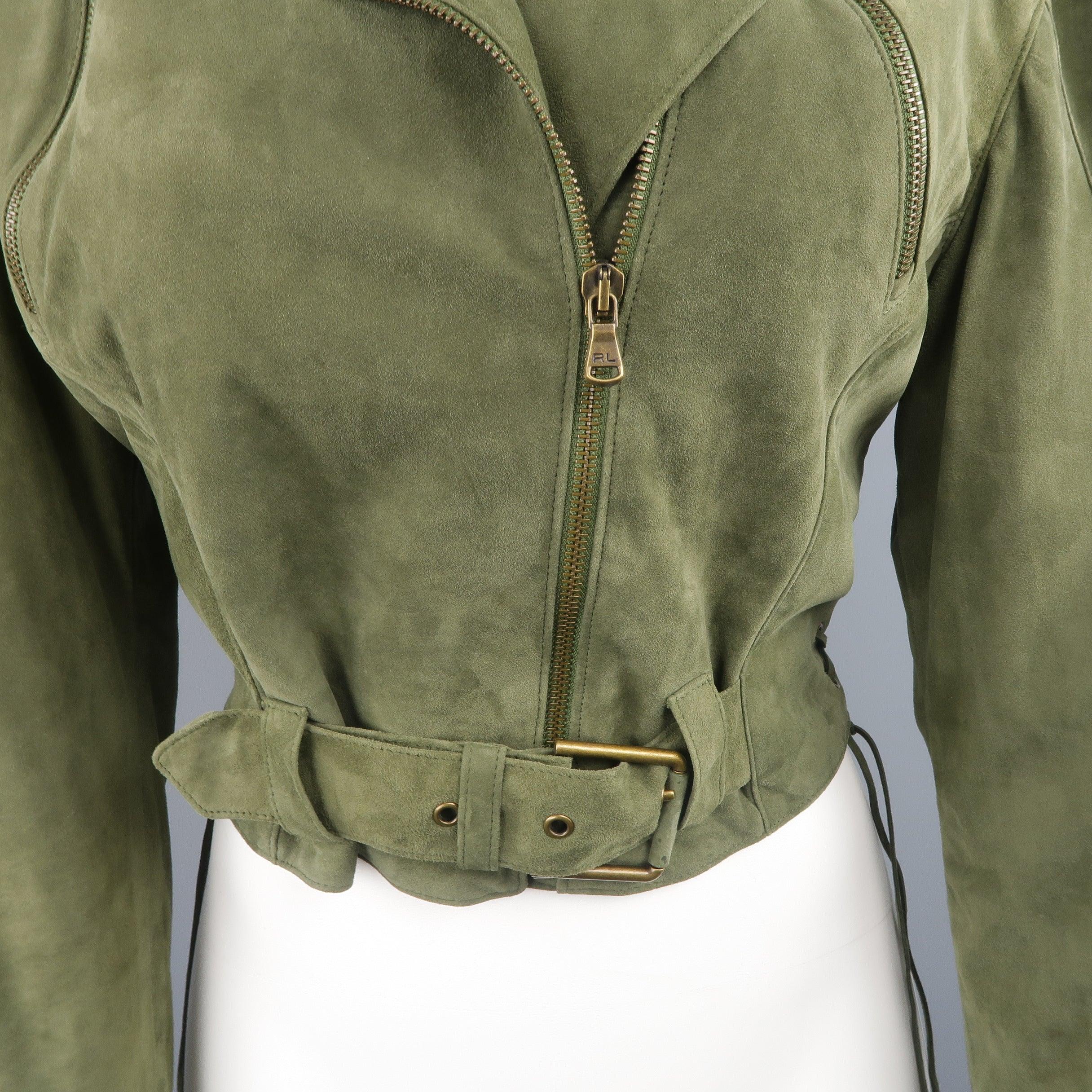 RALPH LAUREN Size 6 Olive Suede Cropped Lace Up Biker Jacket In Excellent Condition For Sale In San Francisco, CA