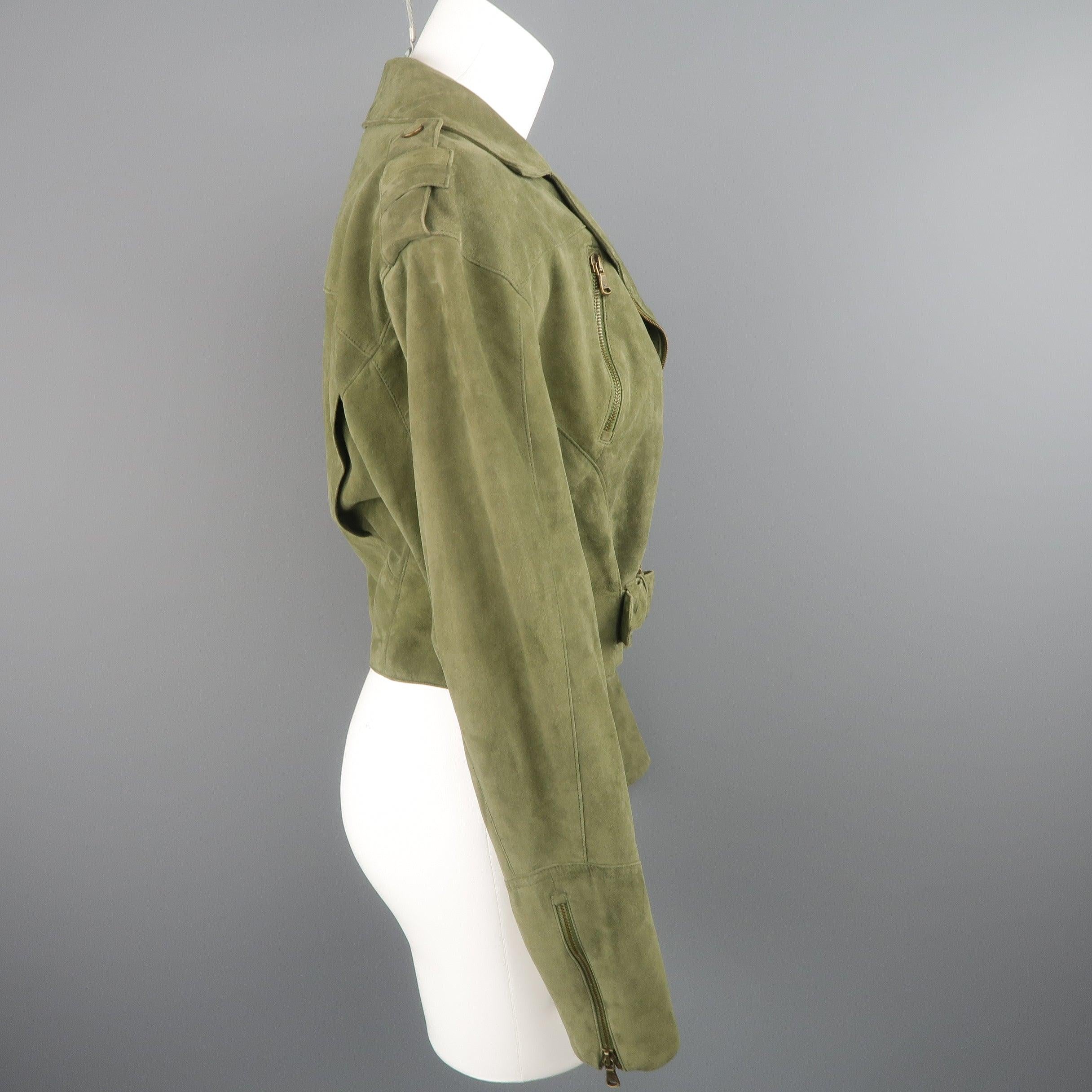 RALPH LAUREN Size 6 Olive Suede Cropped Lace Up Biker Jacket For Sale 1