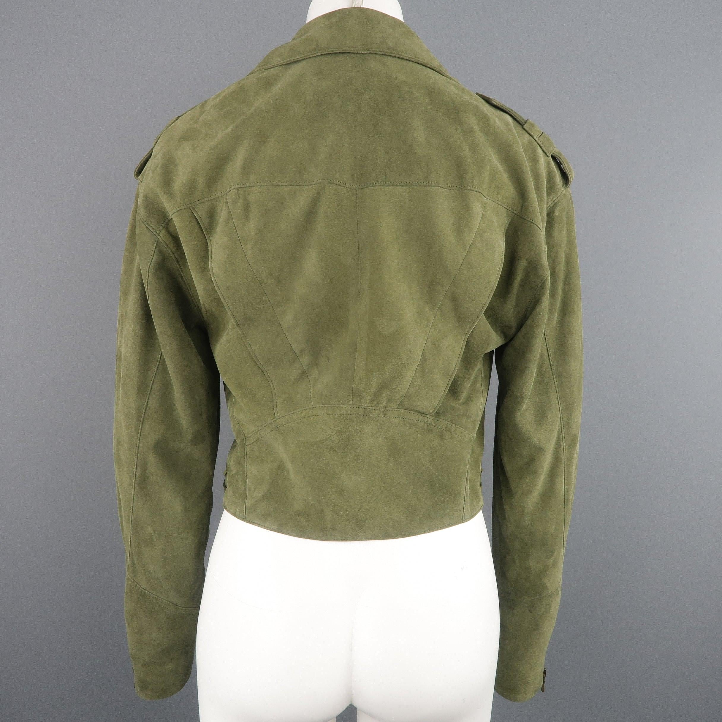 RALPH LAUREN Size 6 Olive Suede Cropped Lace Up Biker Jacket For Sale 4