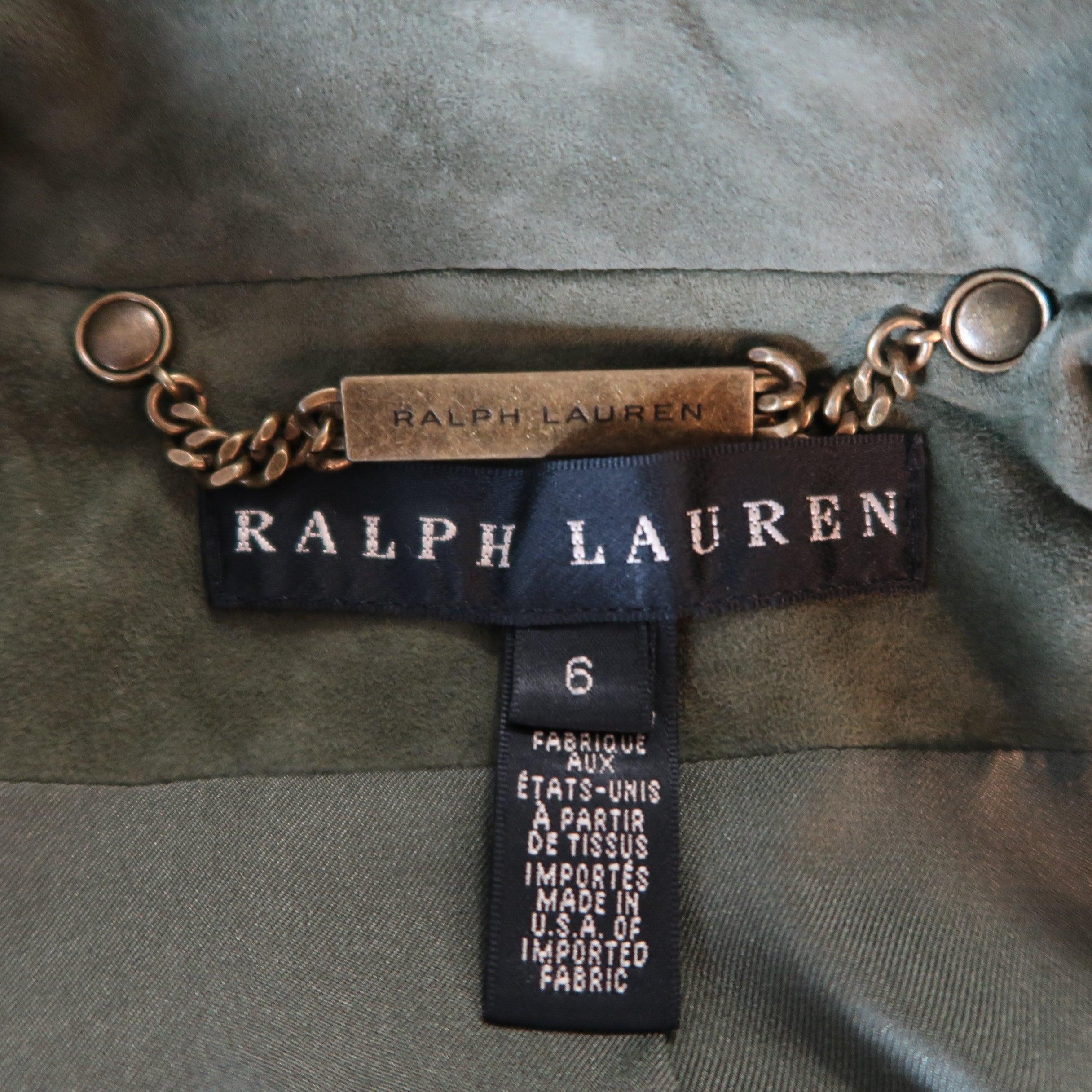 RALPH LAUREN Size 6 Olive Suede Cropped Lace Up Biker Jacket For Sale 5