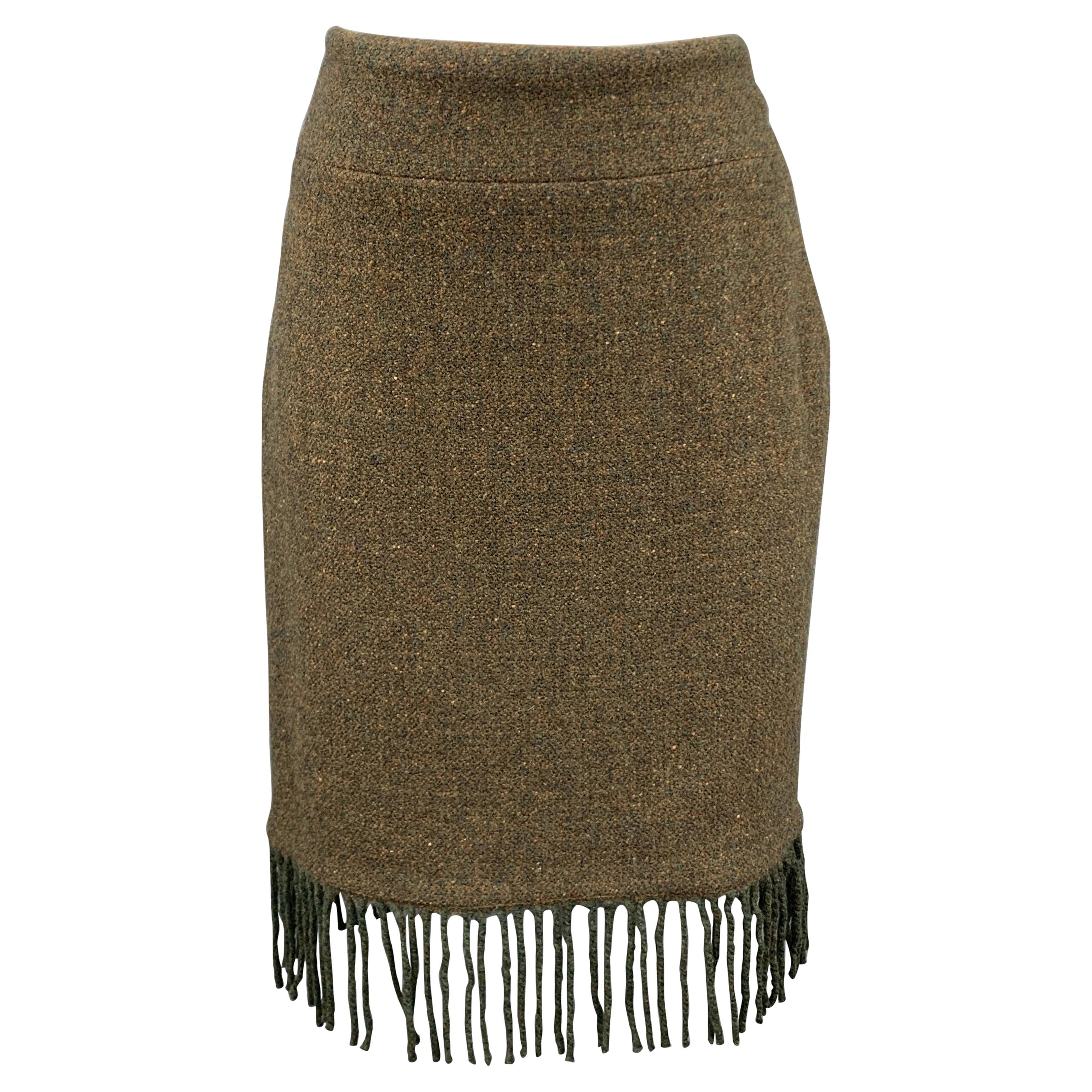 RALPH LAUREN Size 6 Olive Wool / Cashmere Tweed Fringe Skirt
