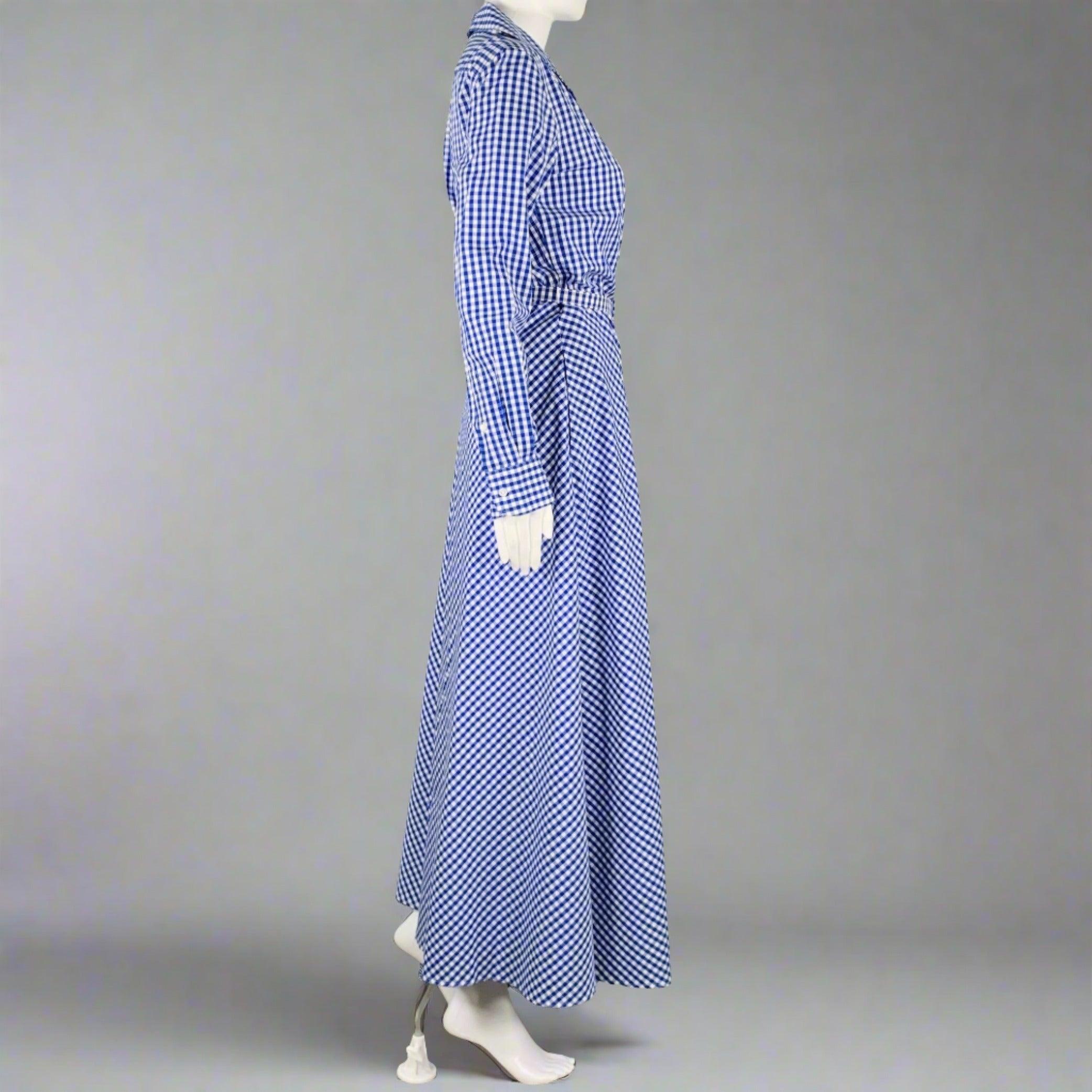 Purple RALPH LAUREN Size 6 -Rivera- Blue White Cotton Gingham Long Sleeve Dress For Sale
