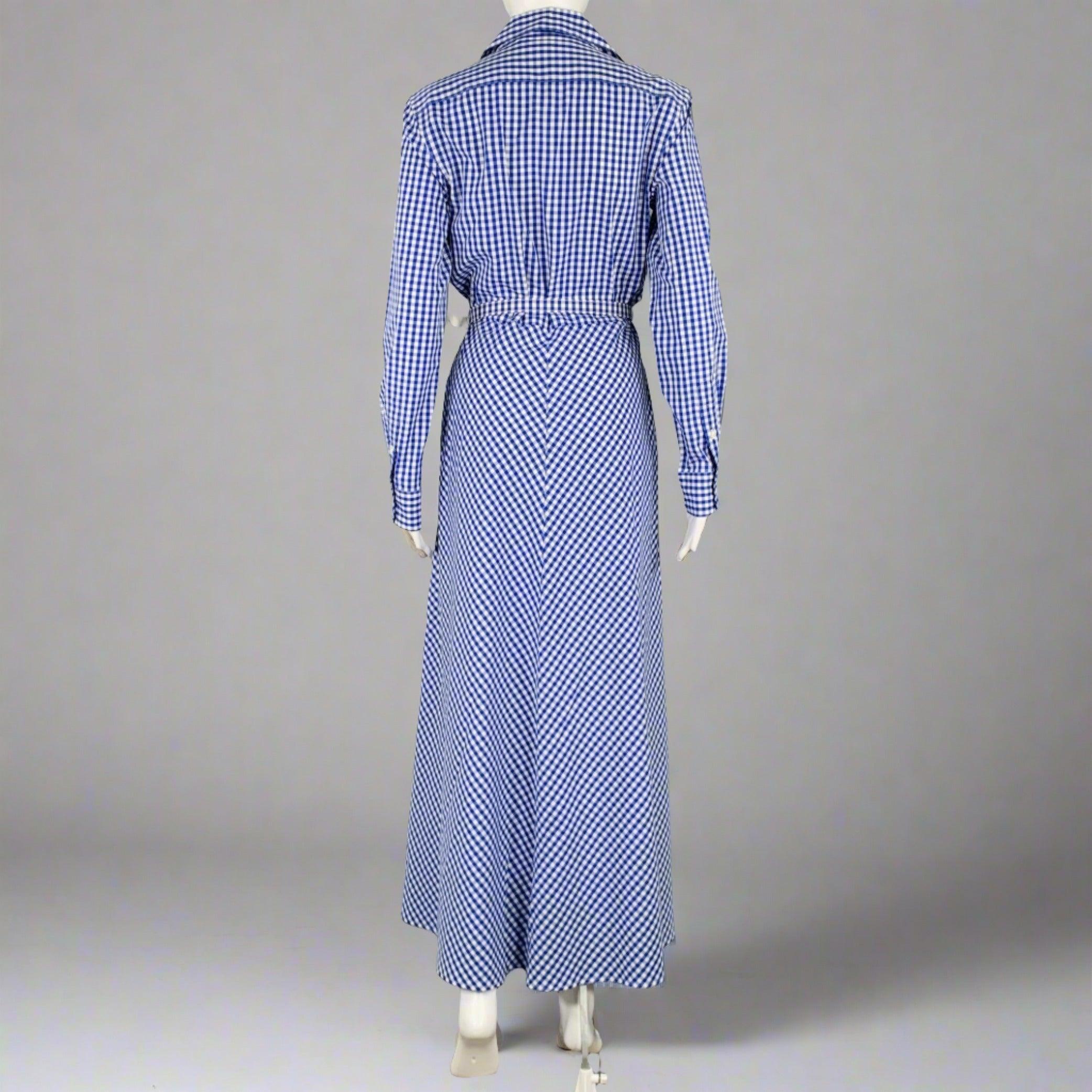 RALPH LAUREN Talla 6 -Rivera- Vestido de manga larga de algodón azul blanco y guinga en Excelente estado para la venta en San Francisco, CA