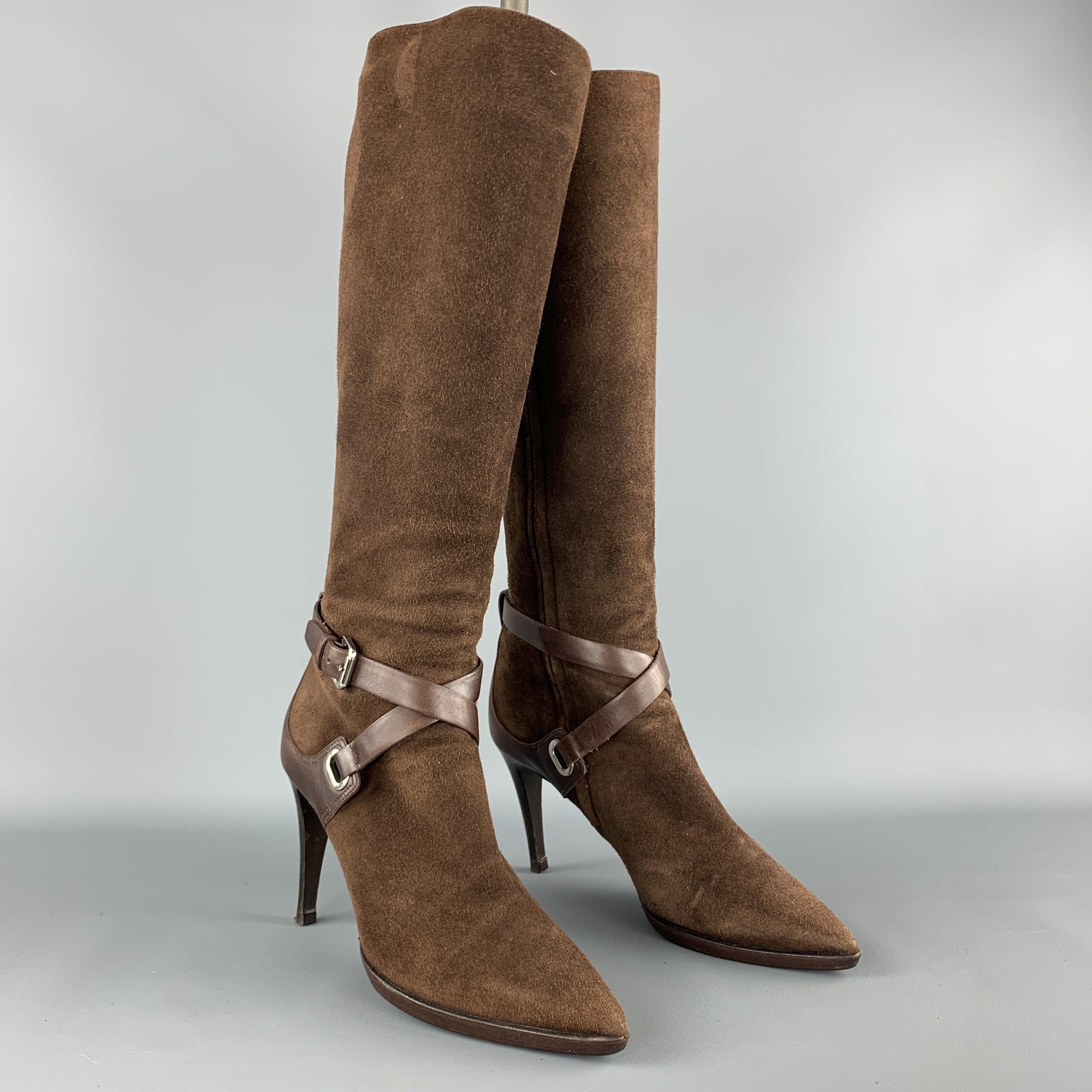 RALPH LAUREN Size 7 Brown Suede Ankle Strap Pointed Calf Boots In Good Condition For Sale In San Francisco, CA