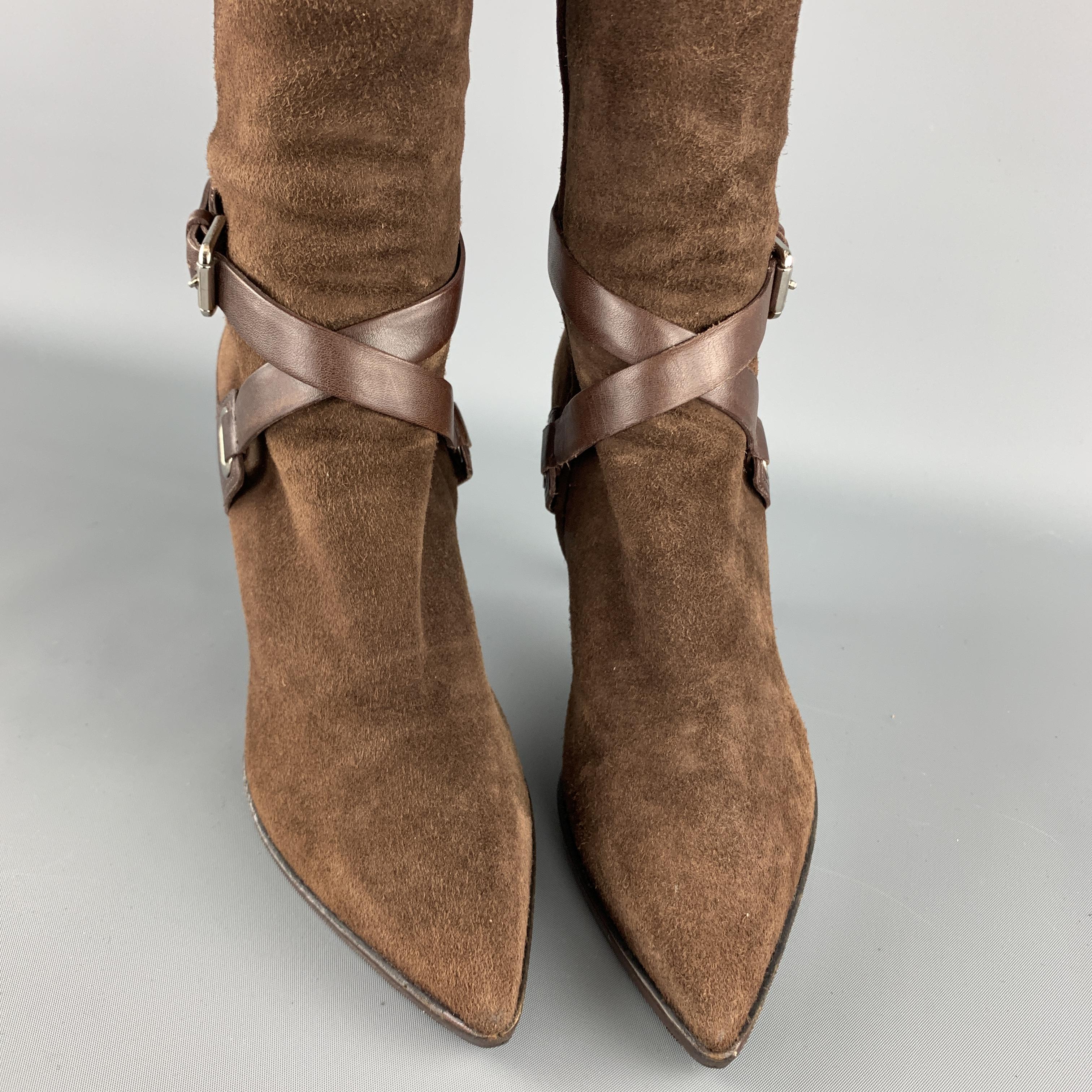 RALPH LAUREN Size 7 Brown Suede Ankle Strap Pointed Calf Boots In Good Condition In San Francisco, CA