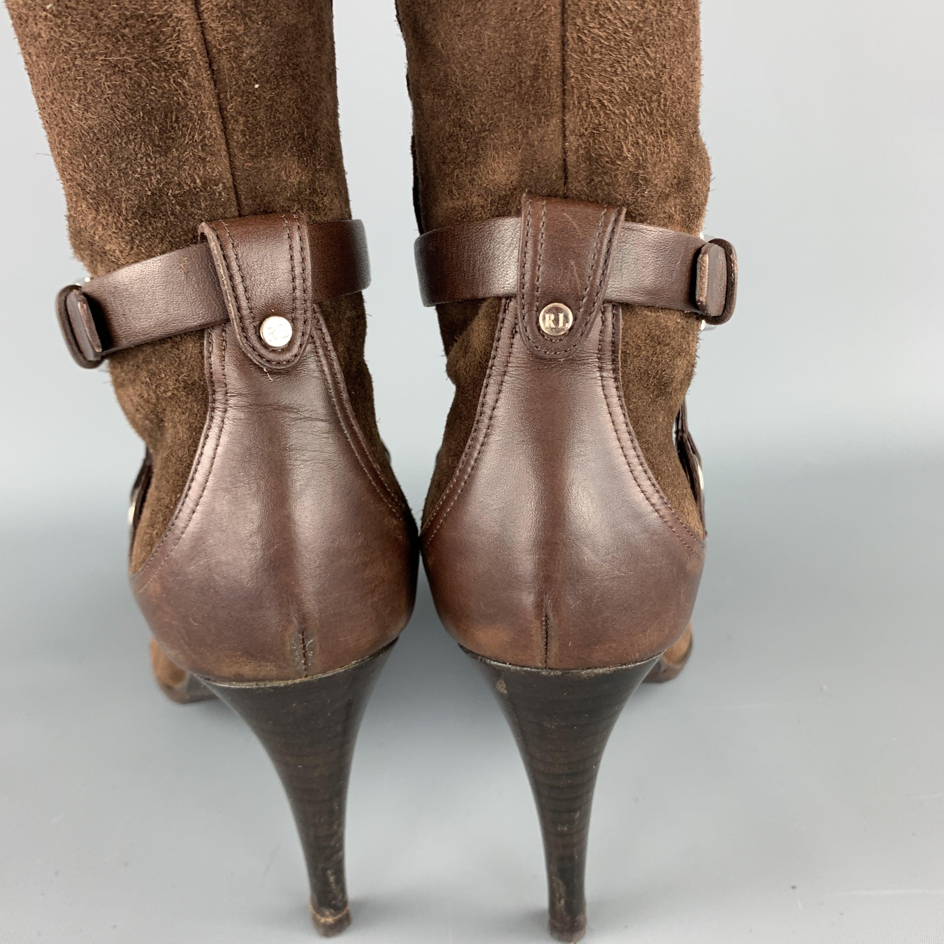 RALPH LAUREN Size 7 Brown Suede Ankle Strap Pointed Calf Boots For Sale 3